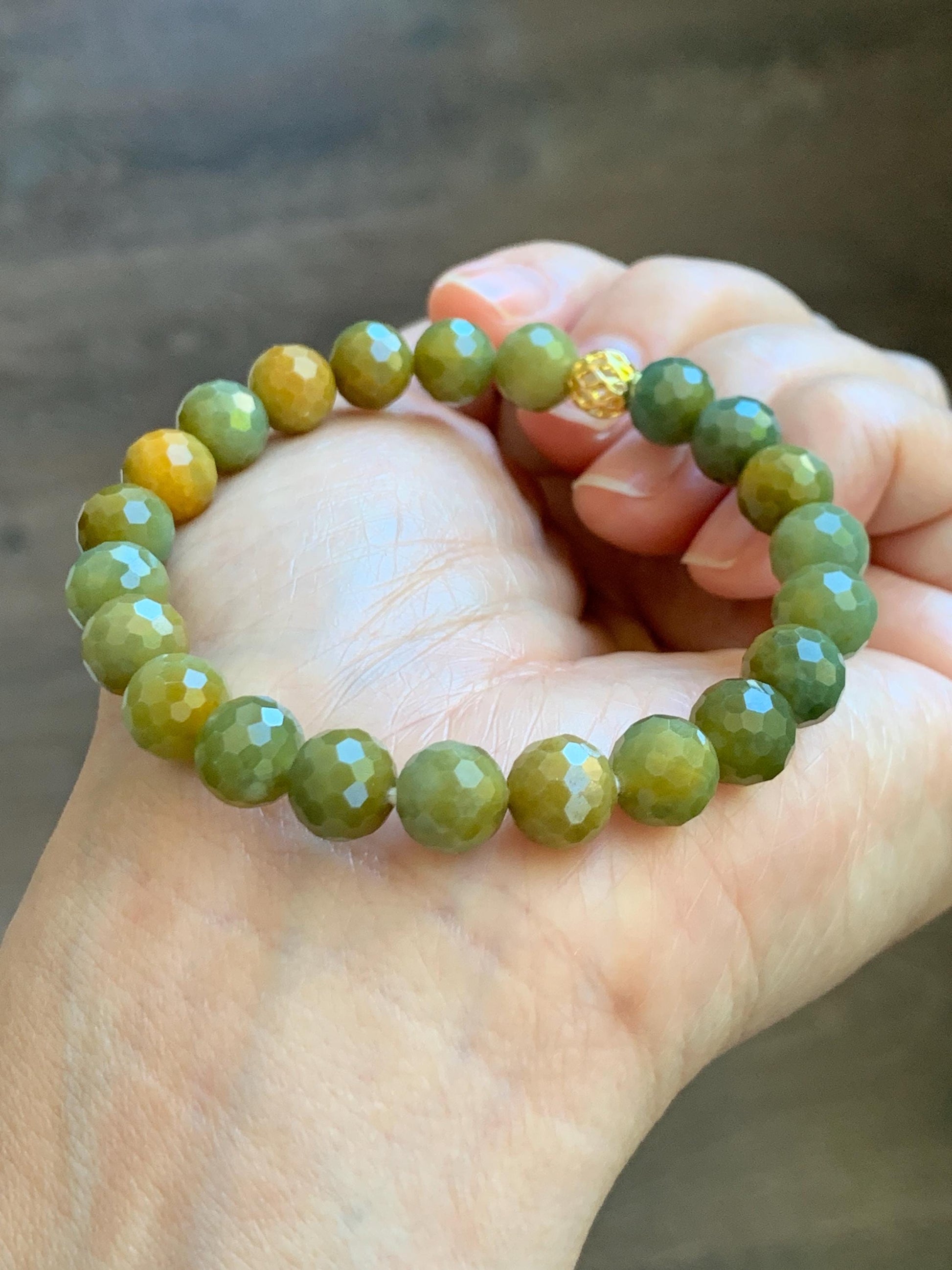 Natural Guatemalan Grade A Icy Translucent Dark Yellow Faceted Jade Jadeite Beaded Bracelet 8.3mm 7" 20g 天然冰危深黄翡翠切割面圆珠手串 WHQ120B