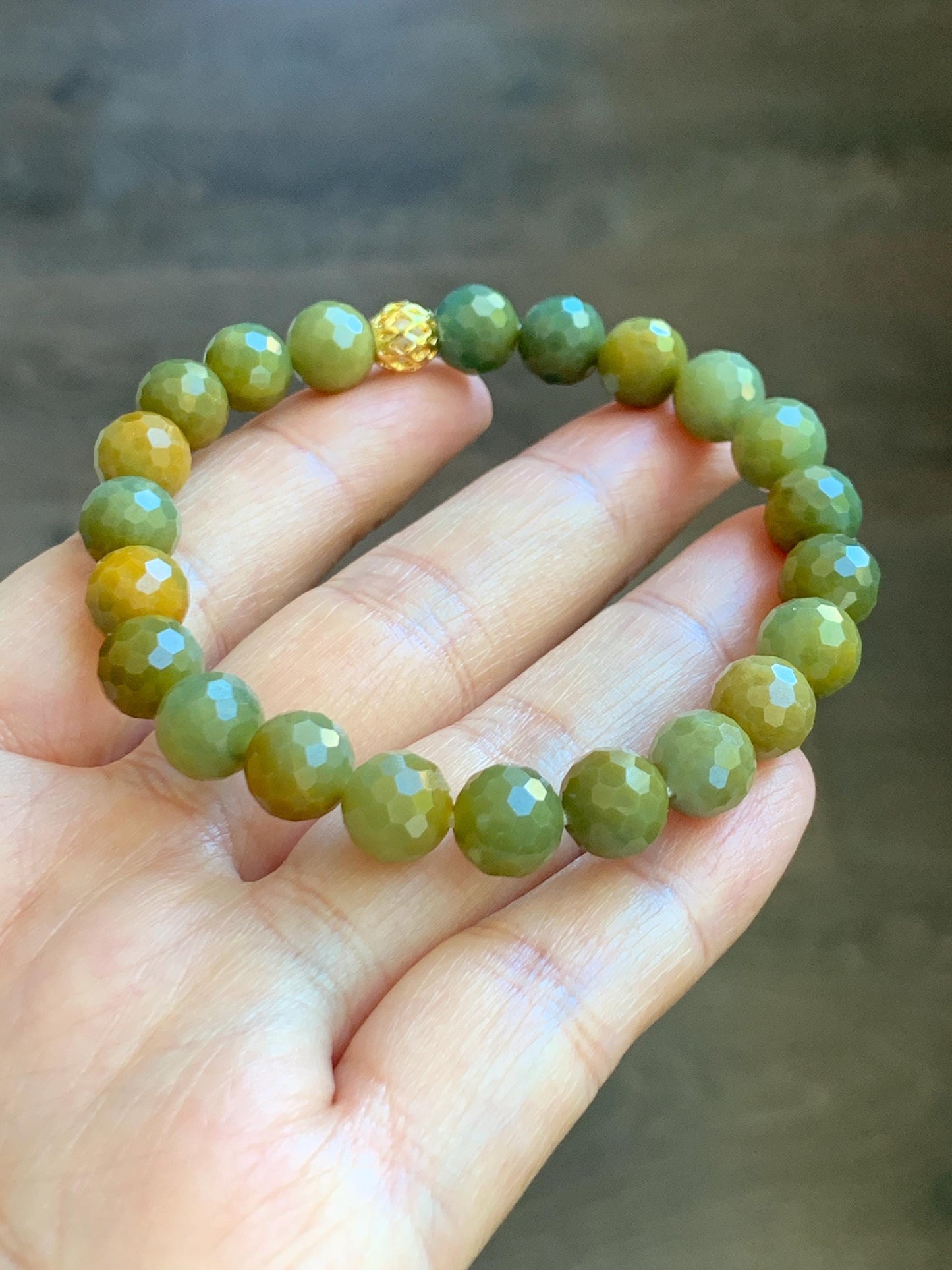 Natural Guatemalan Grade A Icy Translucent Dark Yellow Faceted Jade Jadeite Beaded Bracelet 8.3mm 7" 20g 天然冰危深黄翡翠切割面圆珠手串 WHQ120B
