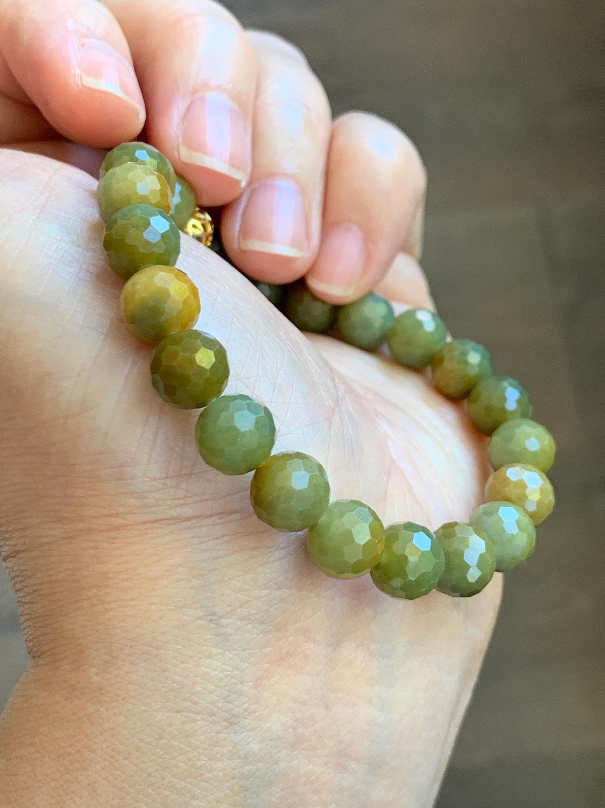 Natural Guatemalan Grade A Icy Translucent Dark Yellow Faceted Jade Jadeite Beaded Bracelet 8.3mm 7" 20g 天然冰危深黄翡翠切割面圆珠手串 WHQ120B