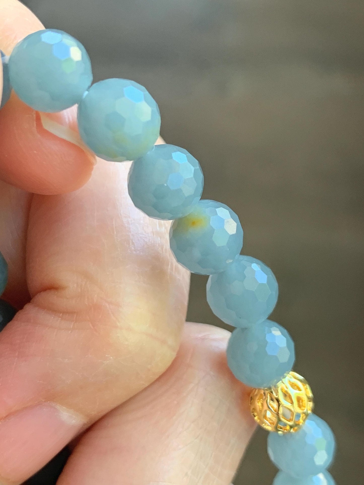 Natural Guatemalan Grade A Icy Translucent Dusty Blue Faceted Jade Jadeite Beaded Bracelet 8mm 7" 19g 天然冰危蓝翡翠切割面圆珠手串 WQG100E