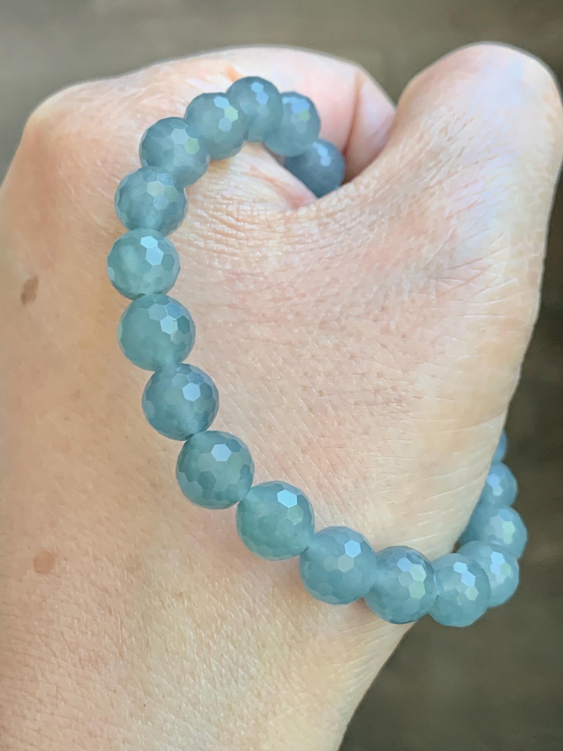 Natural Guatemalan Grade A Icy Translucent Dusty Blue Faceted Jade Jadeite Beaded Bracelet 8mm 7" 19g 天然冰危蓝翡翠切割面圆珠手串 WQG100E