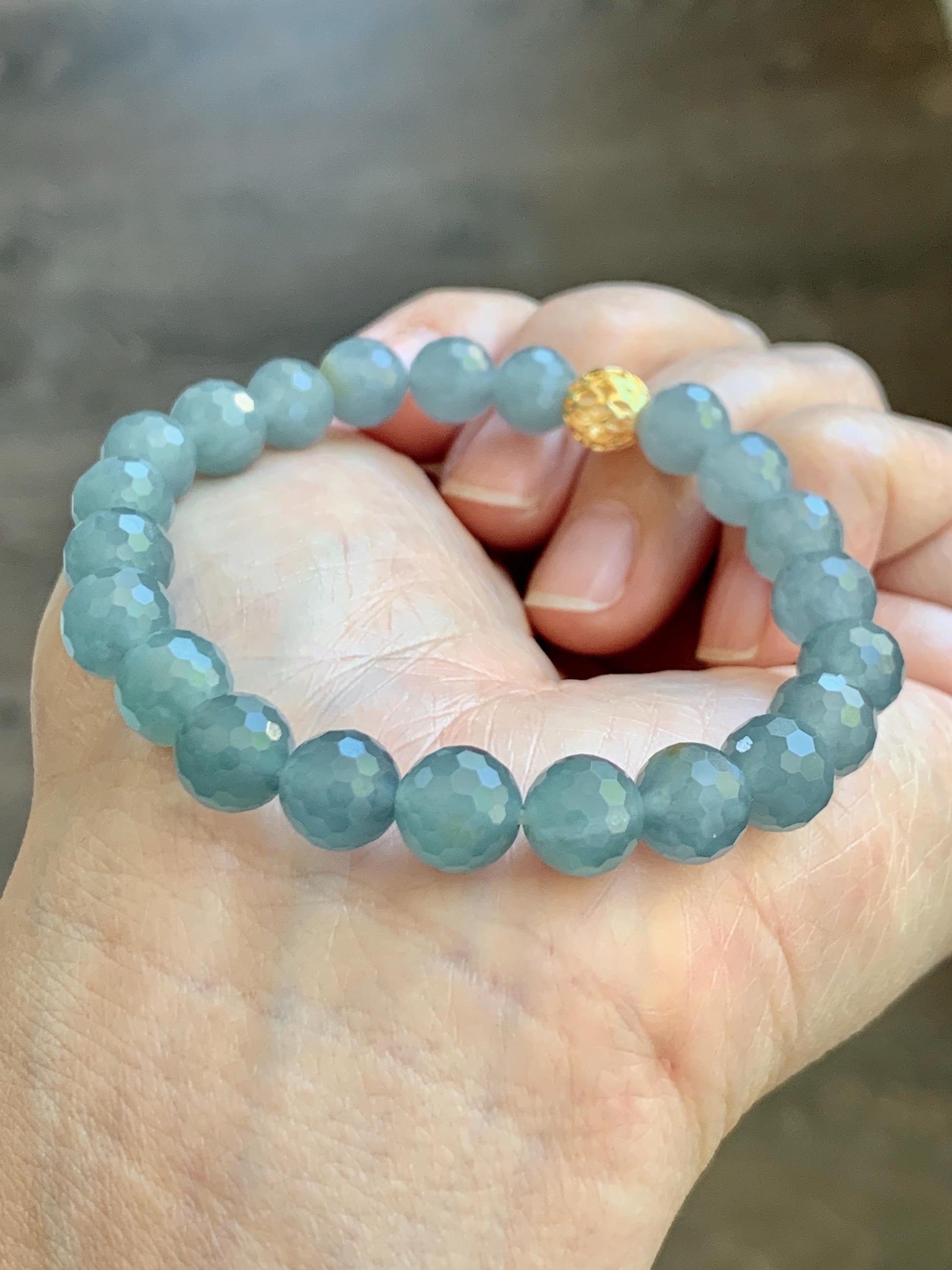 Natural Guatemalan Grade A Icy Translucent Dusty Blue Faceted Jade Jadeite Beaded Bracelet 8mm 7" 19g 天然冰危蓝翡翠切割面圆珠手串 WQG100E