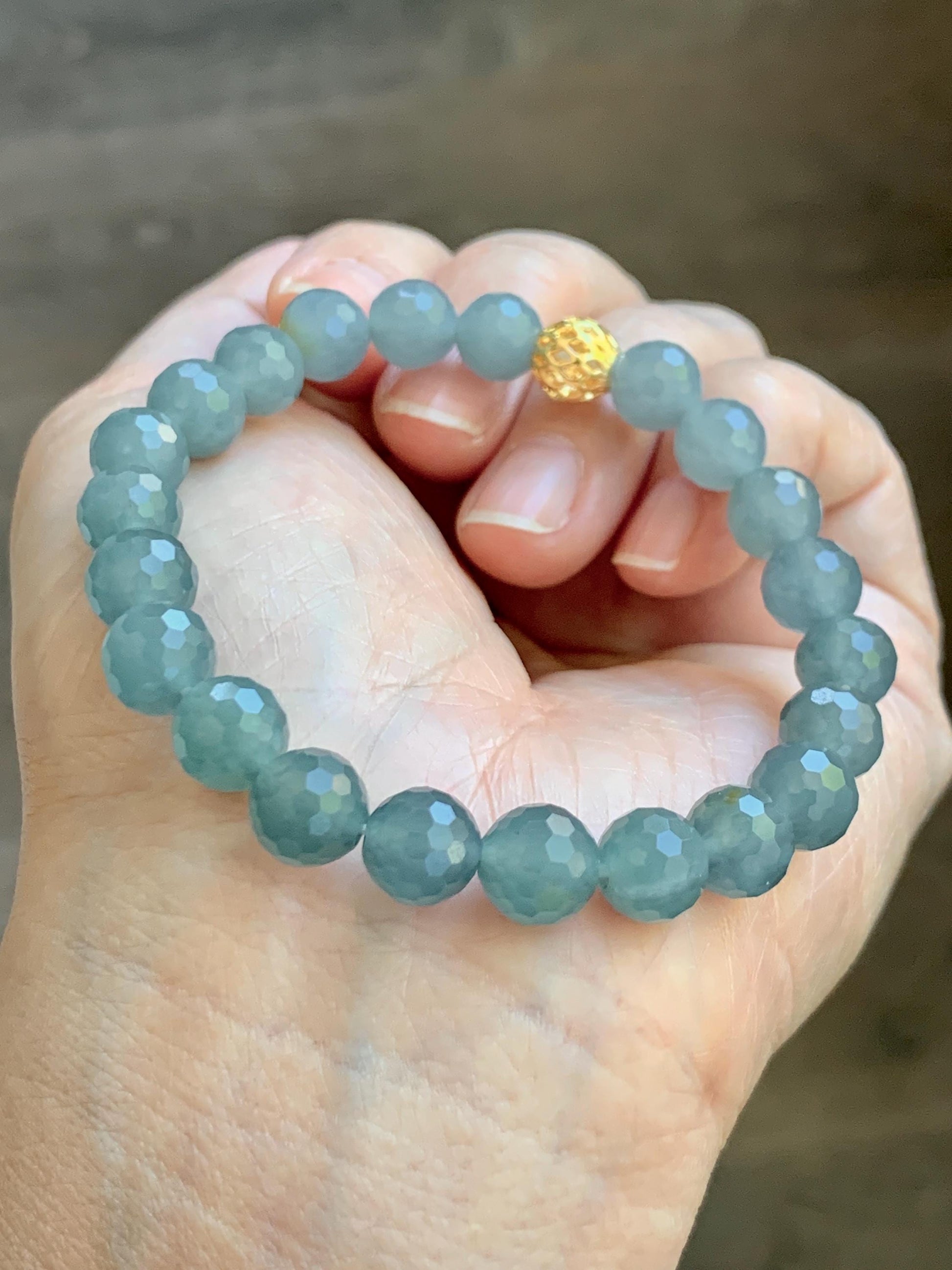 Natural Guatemalan Grade A Icy Translucent Dusty Blue Faceted Jade Jadeite Beaded Bracelet 8mm 7" 19g 天然冰危蓝翡翠切割面圆珠手串 WQG100E
