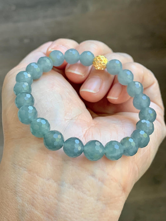 Natural Guatemalan Grade A Icy Translucent Dusty Blue Faceted Jade Jadeite Beaded Bracelet 8mm 7" 19g 天然冰危蓝翡翠切割面圆珠手串 WQG100E