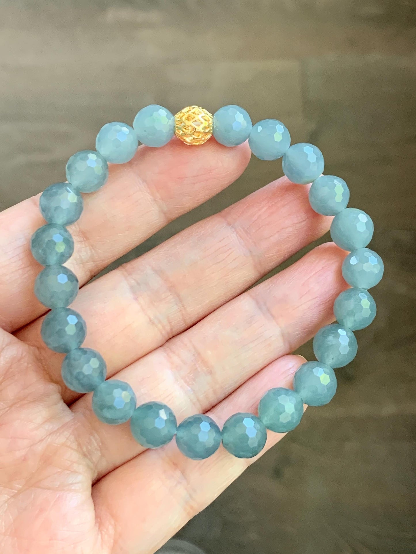 Natural Guatemalan Grade A Icy Translucent Dusty Blue Faceted Jade Jadeite Beaded Bracelet 8mm 7" 19g 天然冰危蓝翡翠切割面圆珠手串 WQG100E
