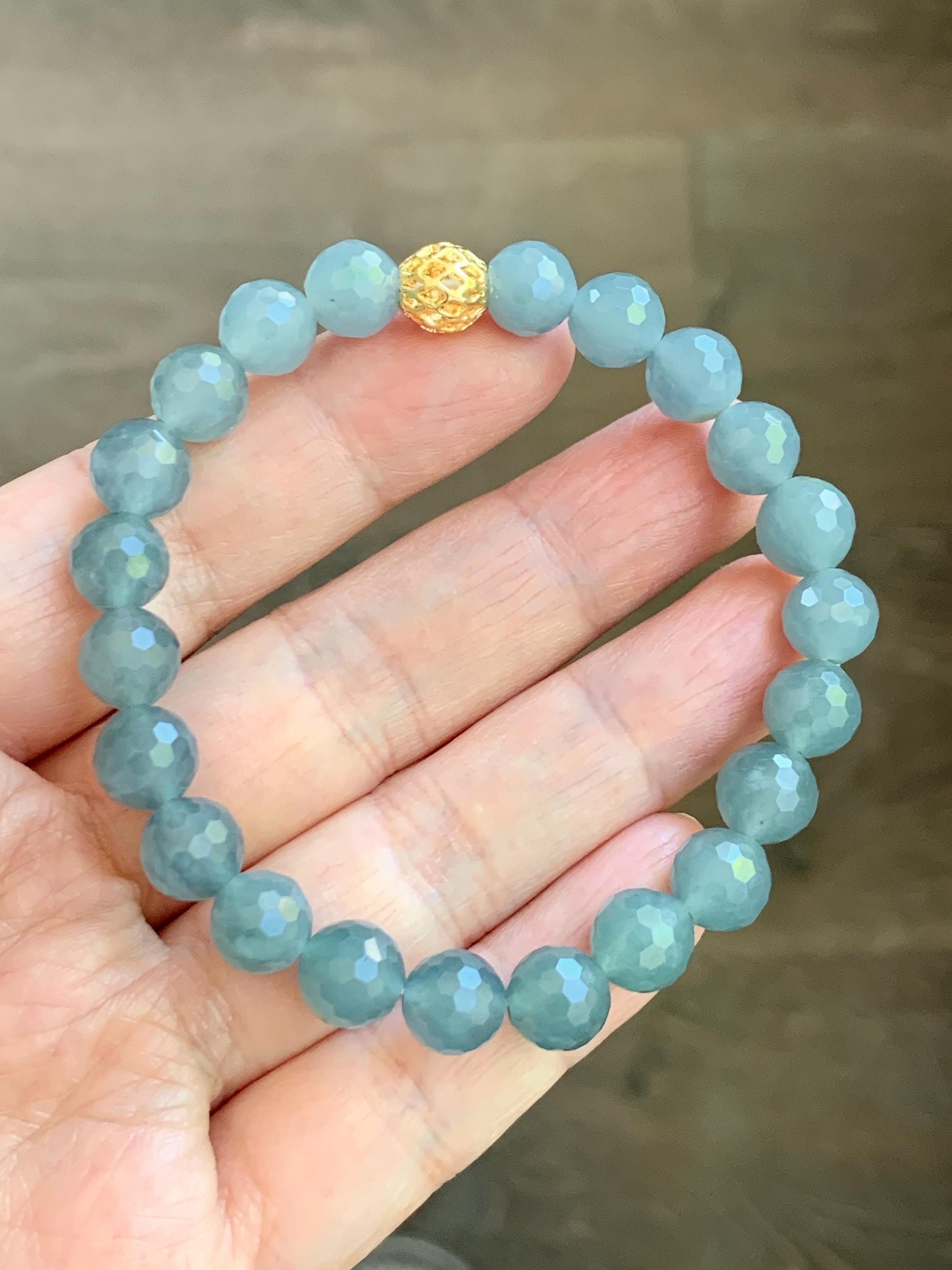 Natural Guatemalan Grade A Icy Translucent Dusty Blue Faceted Jade Jadeite Beaded Bracelet 8mm 7" 19g 天然冰危蓝翡翠切割面圆珠手串 WQG100E