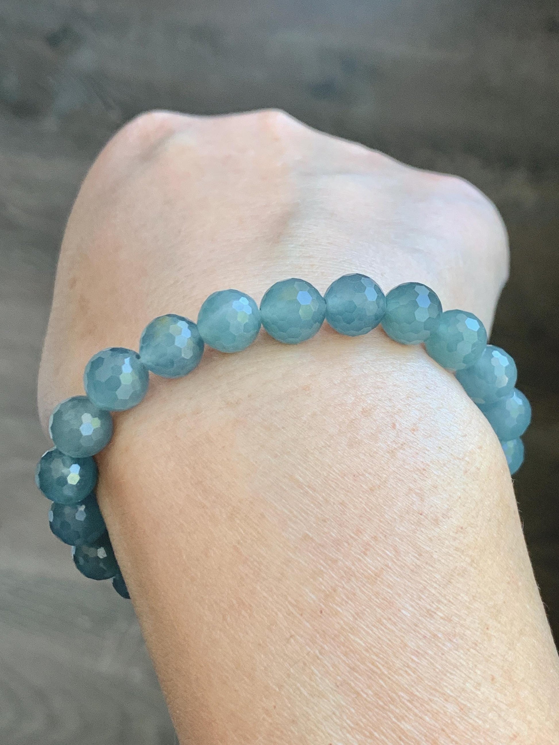Natural Guatemalan Grade A Icy Translucent Dusty Blue Faceted Jade Jadeite Beaded Bracelet 8mm 7" 19g 天然冰危蓝翡翠切割面圆珠手串 WQG100E