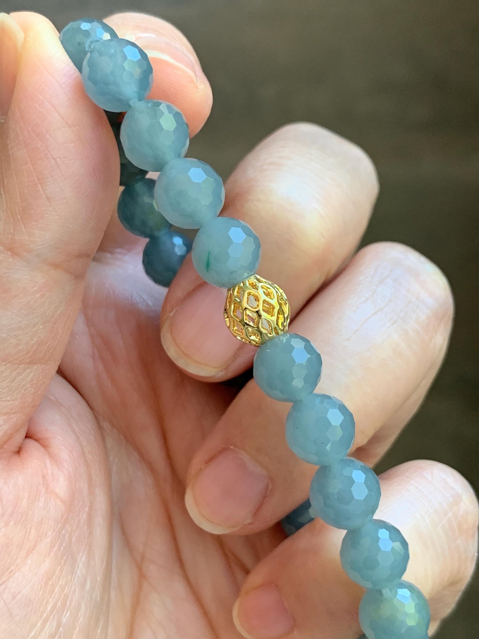 Natural Guatemalan Grade A Icy Translucent Dusty Blue Faceted Jade Jadeite Beaded Bracelet 8mm 7" 19g 天然冰危蓝翡翠切割面圆珠手串 WQG100E