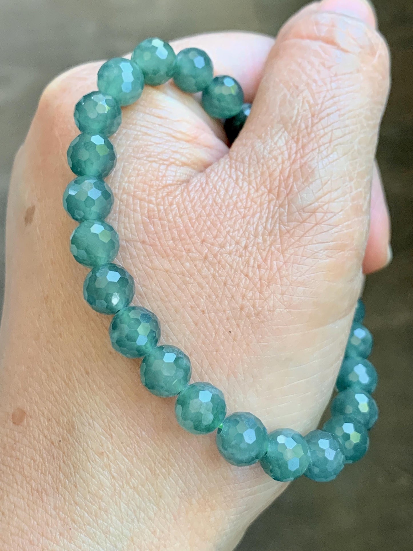 Natural Guatemalan Grade A Icy Translucent Dusty Teal Green Faceted Jade Jadeite Beaded Bracelet 7.5mm 7” 17g 天然冰危蓝绿翡翠切割面圆珠手串 WQG100F