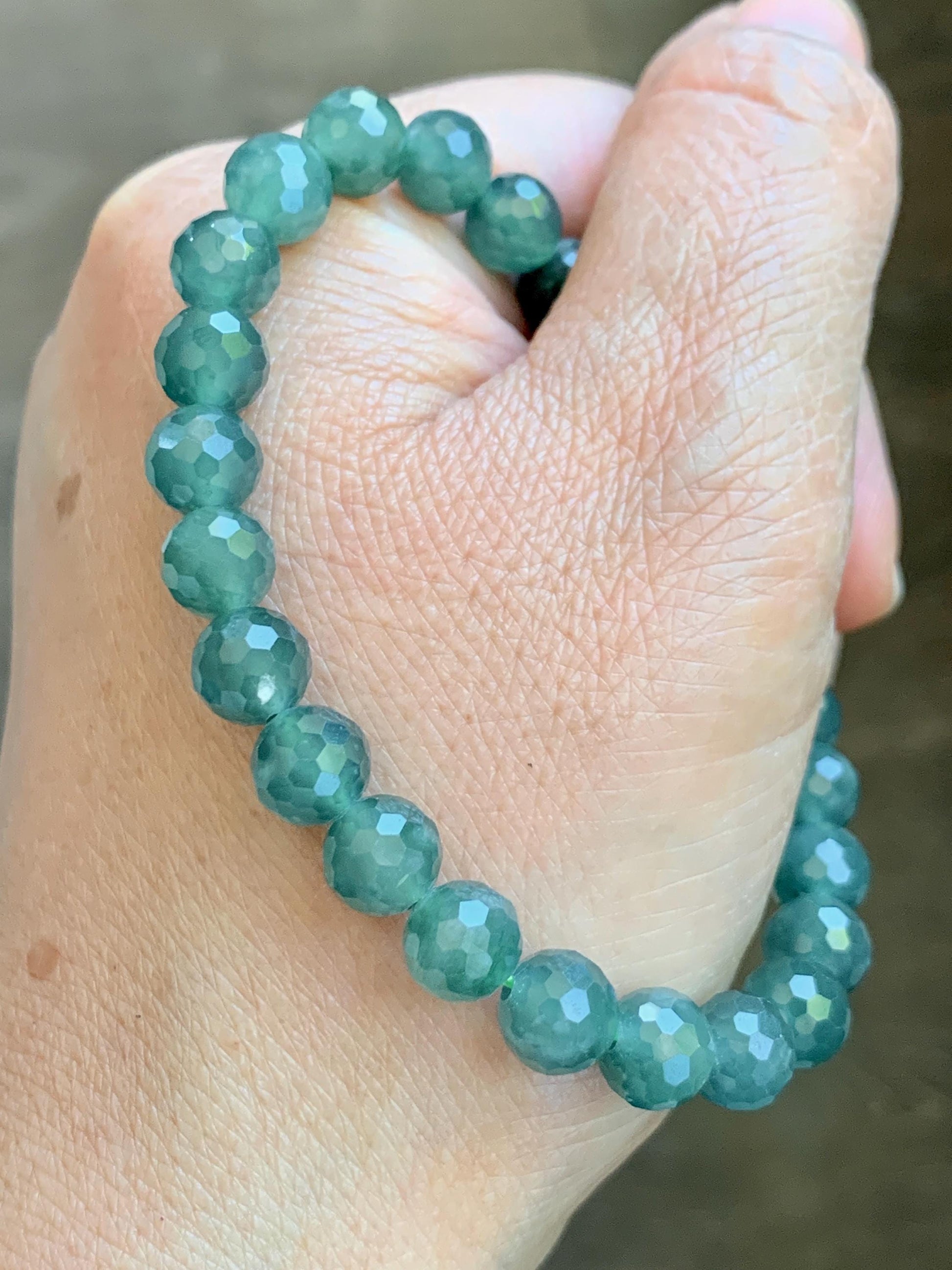 Natural Guatemalan Grade A Icy Translucent Dusty Teal Green Faceted Jade Jadeite Beaded Bracelet 7.5mm 7” 17g 天然冰危蓝绿翡翠切割面圆珠手串 WQG100F