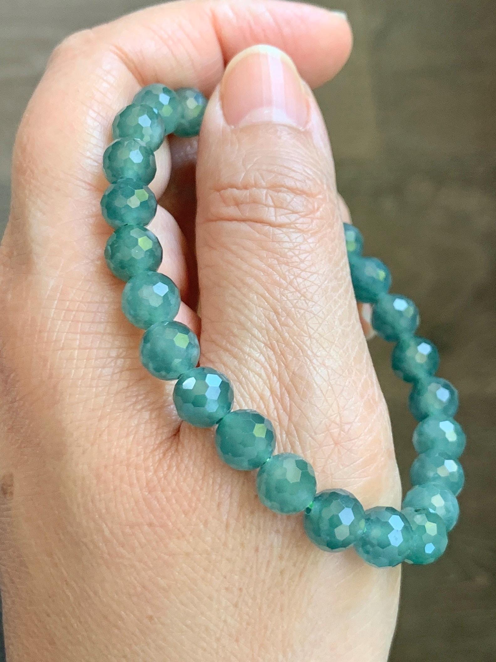 Natural Guatemalan Grade A Icy Translucent Dusty Teal Green Faceted Jade Jadeite Beaded Bracelet 7.5mm 7” 17g 天然冰危蓝绿翡翠切割面圆珠手串 WQG100F