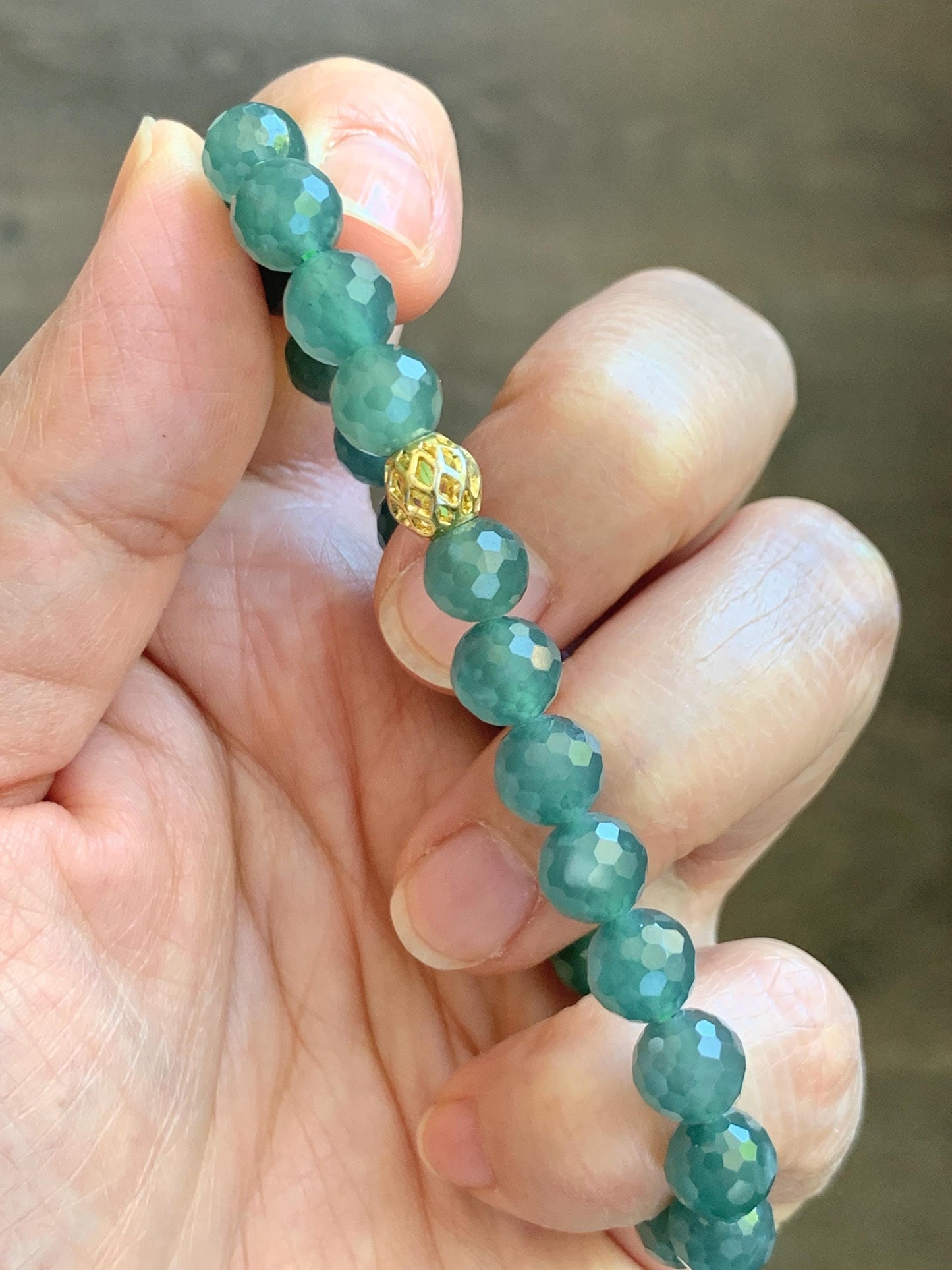 Natural Guatemalan Grade A Icy Translucent Dusty Teal Green Faceted Jade Jadeite Beaded Bracelet 7.5mm 7” 17g 天然冰危蓝绿翡翠切割面圆珠手串 WQG100F