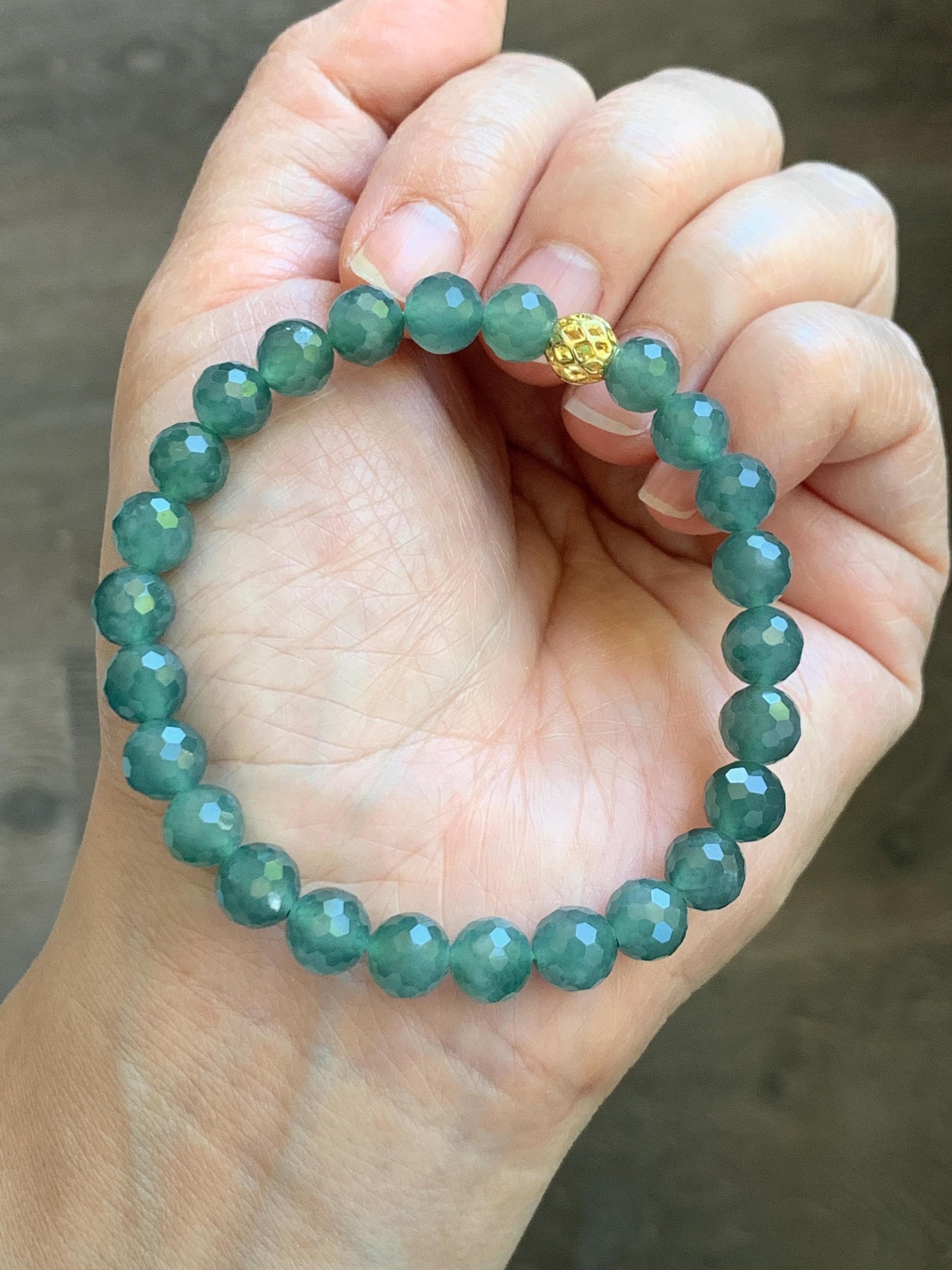 Natural Guatemalan Grade A Icy Translucent Dusty Teal Green Faceted Jade Jadeite Beaded Bracelet 7.5mm 7” 17g 天然冰危蓝绿翡翠切割面圆珠手串 WQG100F