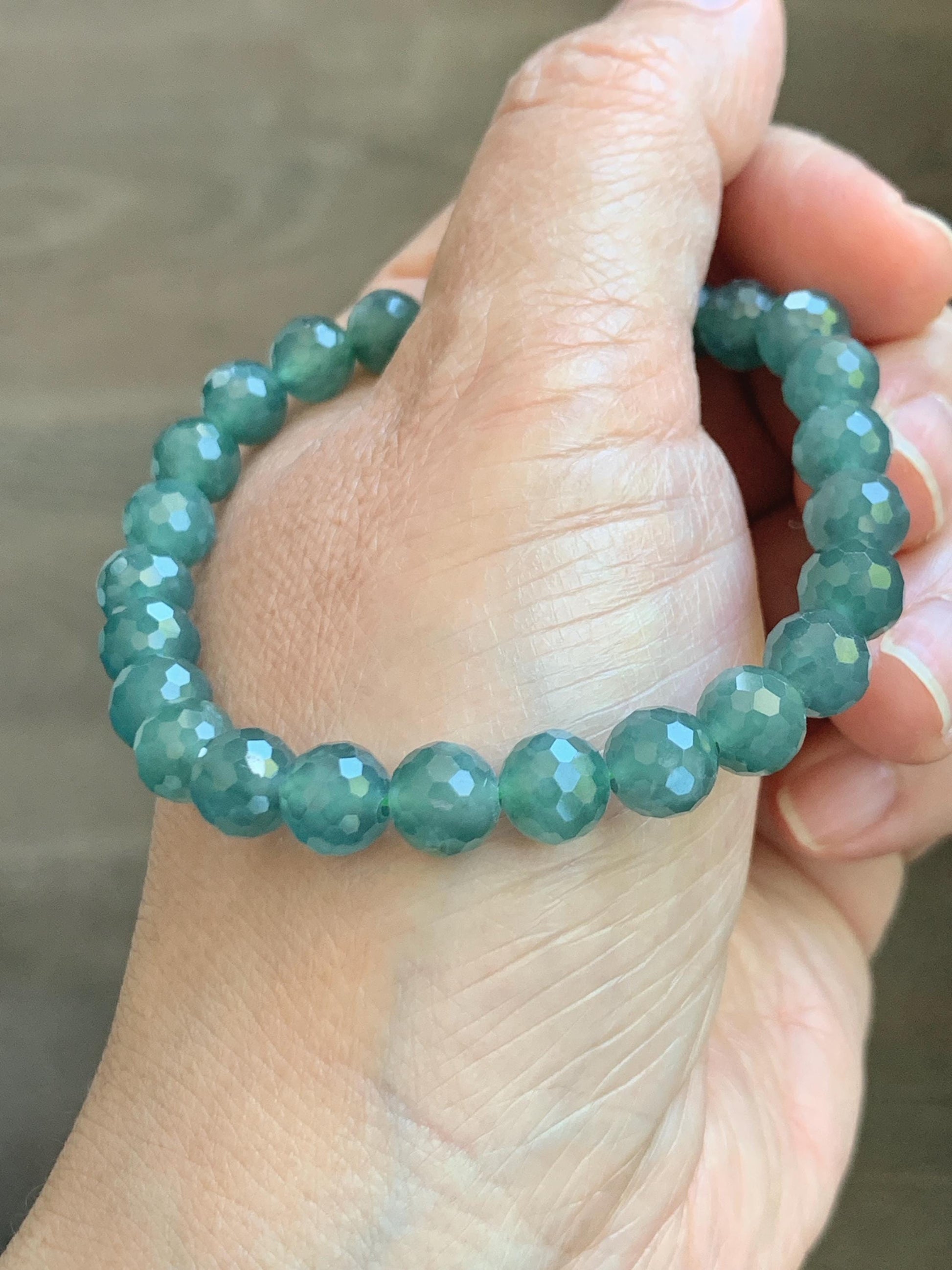 Natural Guatemalan Grade A Icy Translucent Dusty Teal Green Faceted Jade Jadeite Beaded Bracelet 7.5mm 7” 17g 天然冰危蓝绿翡翠切割面圆珠手串 WQG100F