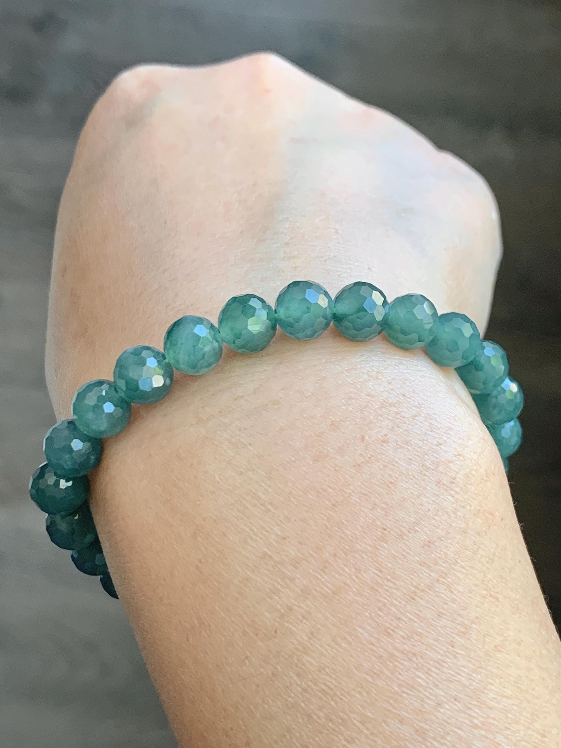 Natural Guatemalan Grade A Icy Translucent Dusty Teal Green Faceted Jade Jadeite Beaded Bracelet 7.5mm 7” 17g 天然冰危蓝绿翡翠切割面圆珠手串 WQG100F