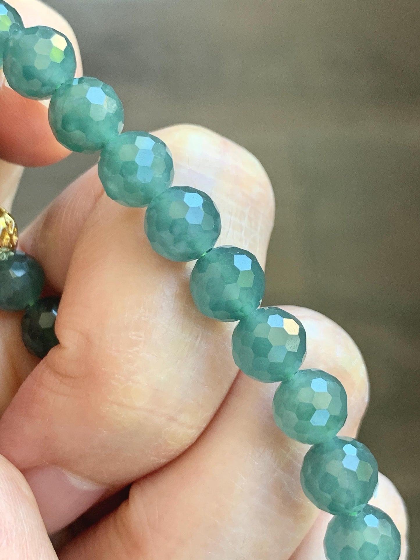 Natural Guatemalan Grade A Icy Translucent Dusty Teal Green Faceted Jade Jadeite Beaded Bracelet 7.5mm 7” 17g 天然冰危蓝绿翡翠切割面圆珠手串 WQG100F