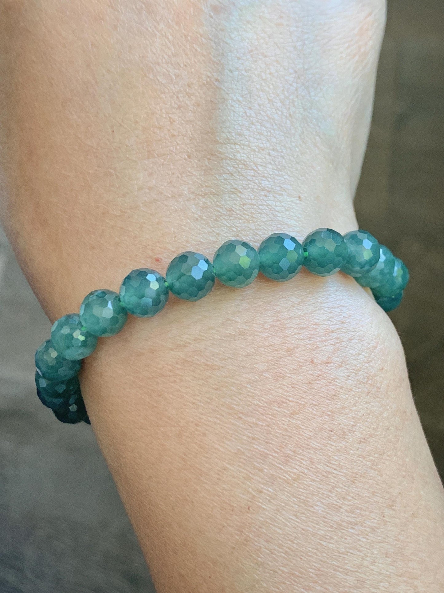 Natural Guatemalan Grade A Icy Translucent Dusty Teal Green Faceted Jade Jadeite Beaded Bracelet 7.5mm 7” 17g 天然冰危蓝绿翡翠切割面圆珠手串 WQG100F