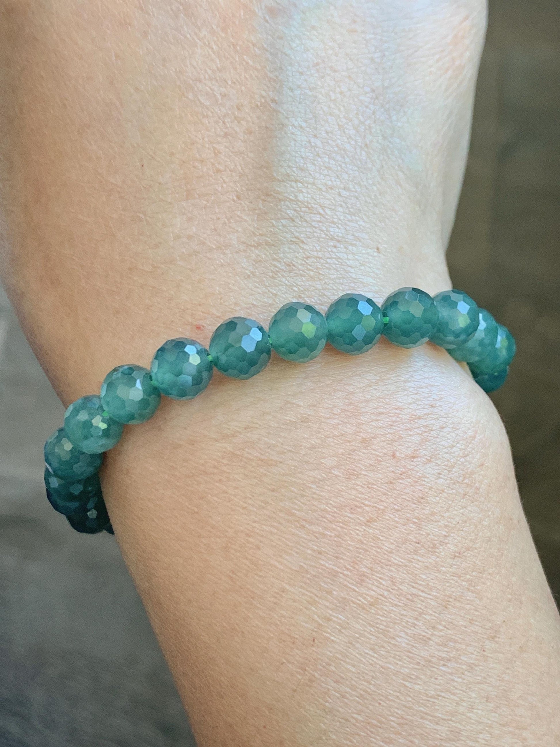 Natural Guatemalan Grade A Icy Translucent Dusty Teal Green Faceted Jade Jadeite Beaded Bracelet 7.5mm 7” 17g 天然冰危蓝绿翡翠切割面圆珠手串 WQG100F