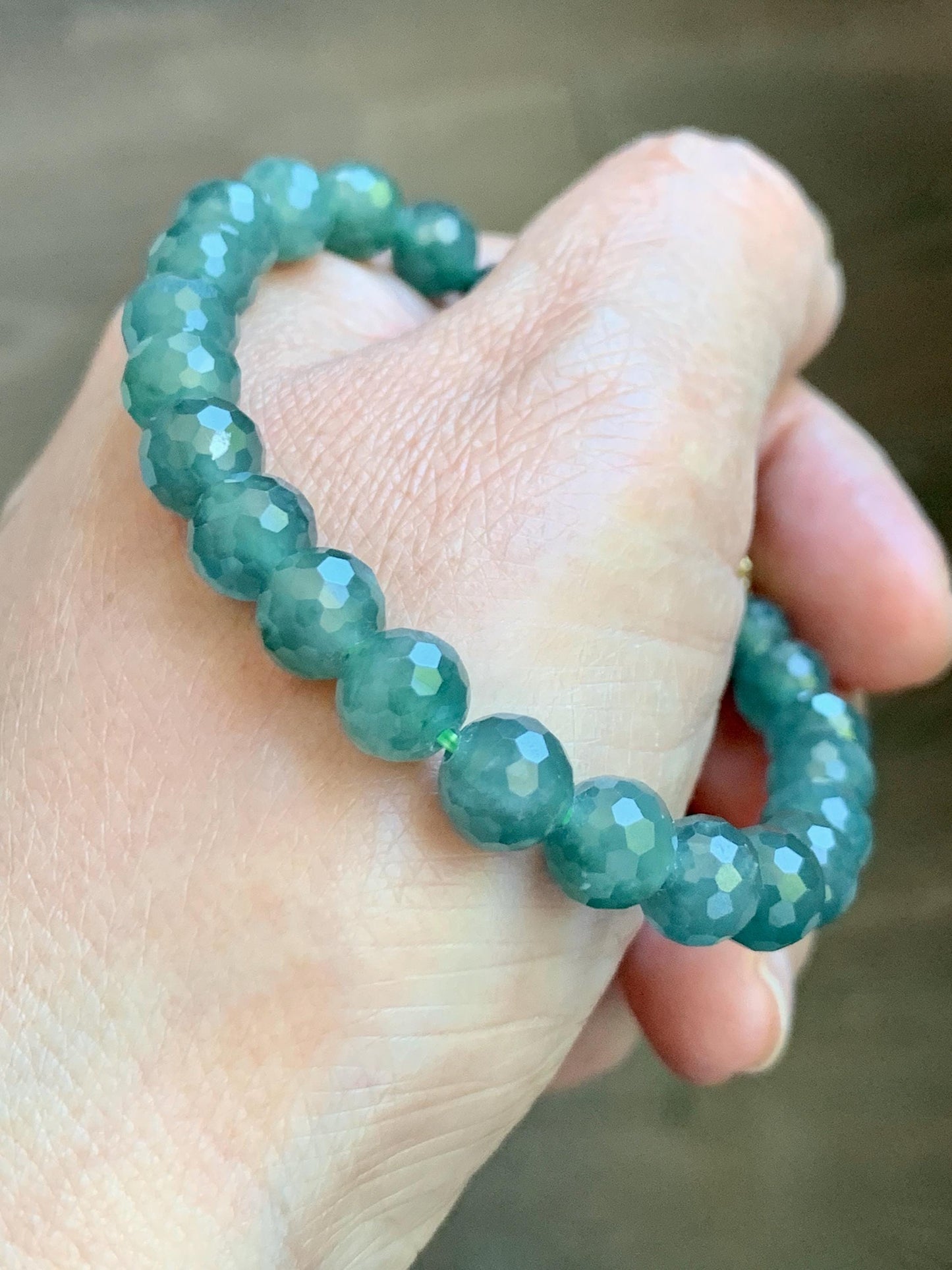 Natural Guatemalan Grade A Icy Translucent Dusty Teal Green Faceted Jade Jadeite Beaded Bracelet 7.5mm 7” 17g 天然冰危蓝绿翡翠切割面圆珠手串 WQG100F