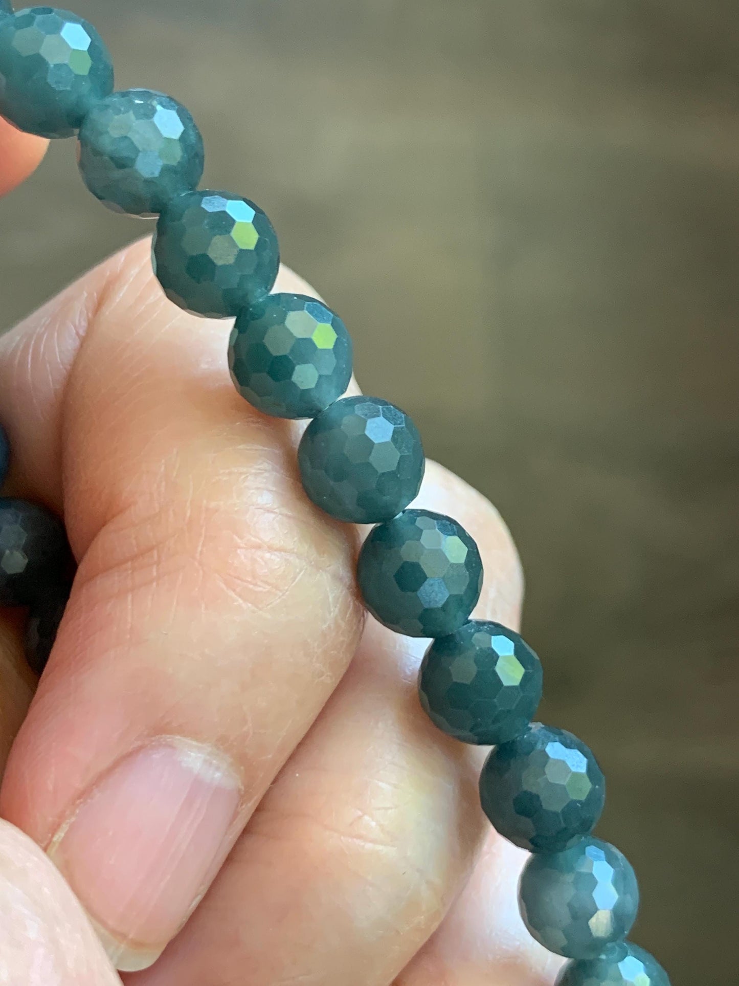 Natural Guatemalan Grade A Icy Translucent Dark Gray Wuji Faceted Jade Jadeite Beaded Bracelet 7.3mm 7.75" 17g 天然冰危乌鸡翡翠切割面圆珠手串 WQG110A