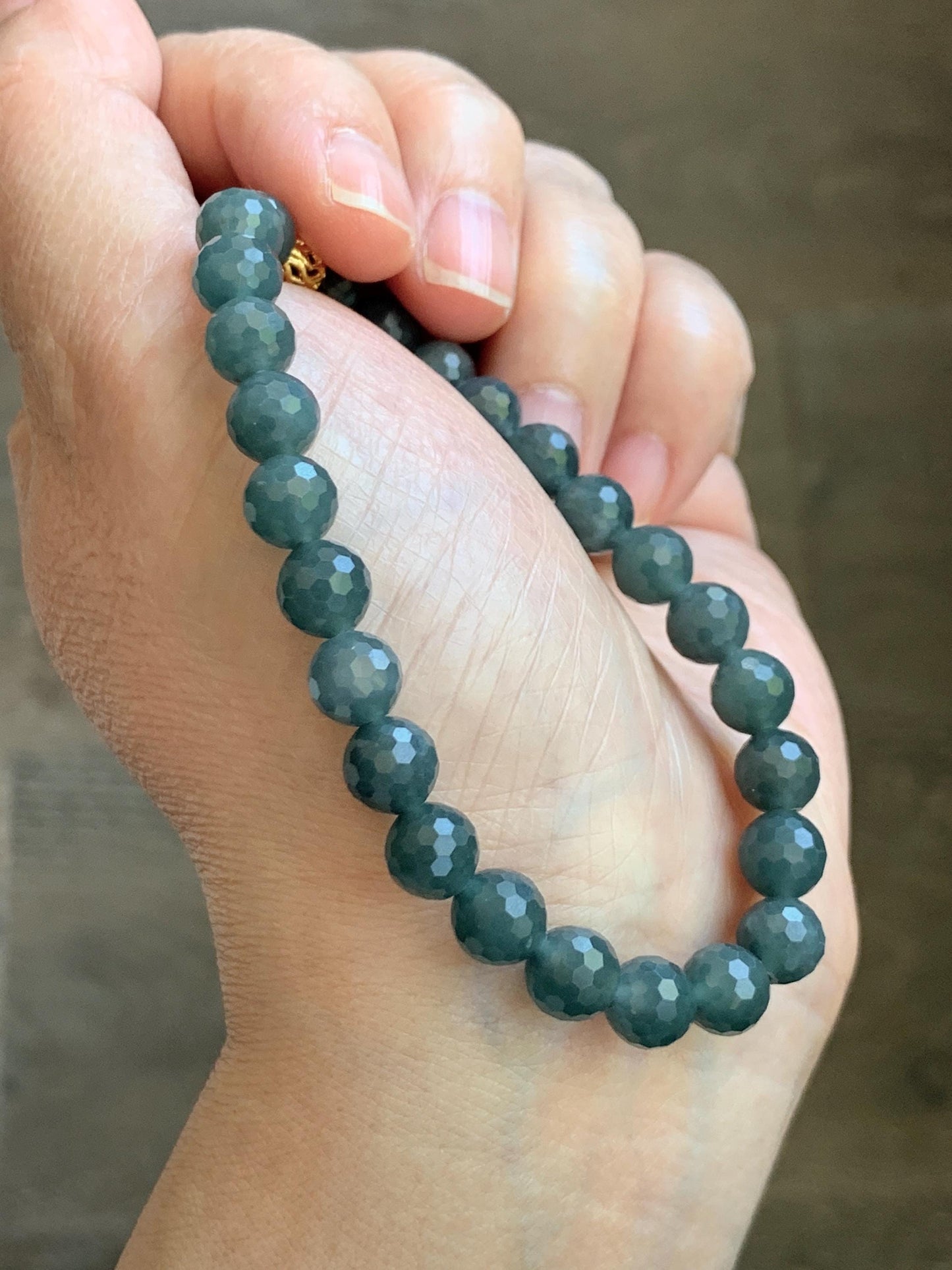 Natural Guatemalan Grade A Icy Translucent Dark Gray Wuji Faceted Jade Jadeite Beaded Bracelet 7.3mm 7.75" 17g 天然冰危乌鸡翡翠切割面圆珠手串 WQG110A