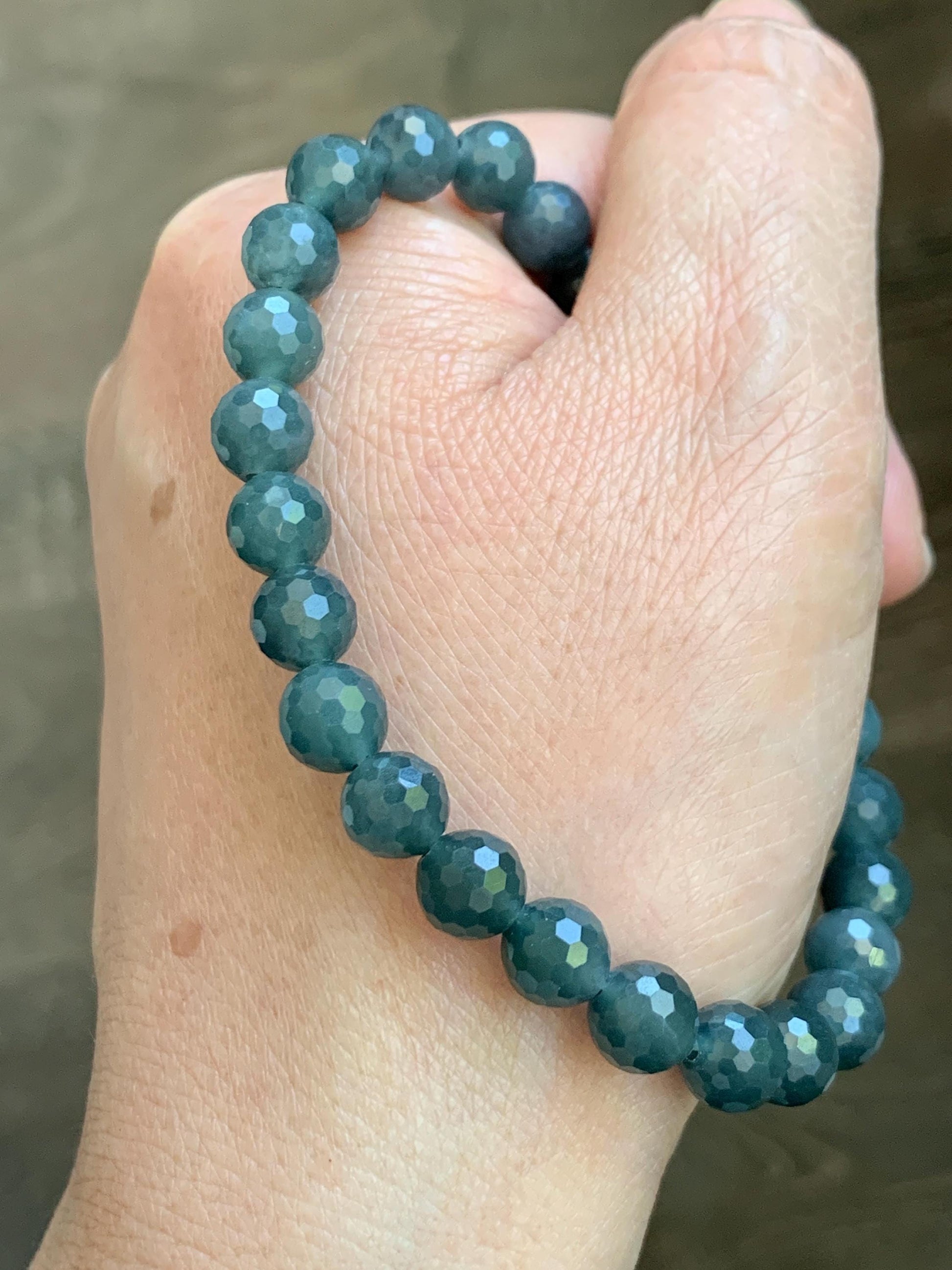 Natural Guatemalan Grade A Icy Translucent Dark Gray Wuji Faceted Jade Jadeite Beaded Bracelet 7.3mm 7.75" 17g 天然冰危乌鸡翡翠切割面圆珠手串 WQG110A