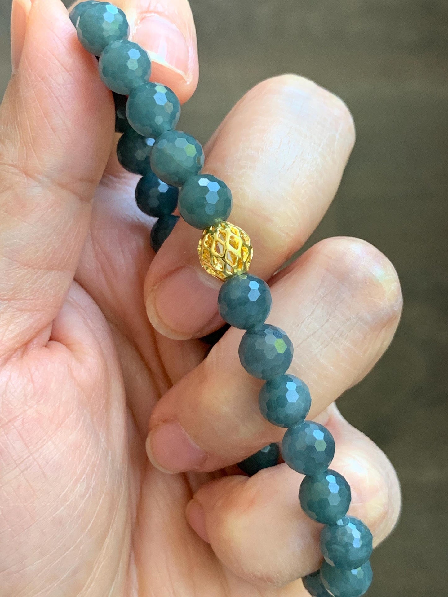 Natural Guatemalan Grade A Icy Translucent Dark Gray Wuji Faceted Jade Jadeite Beaded Bracelet 7.3mm 7.75" 17g 天然冰危乌鸡翡翠切割面圆珠手串 WQG110A