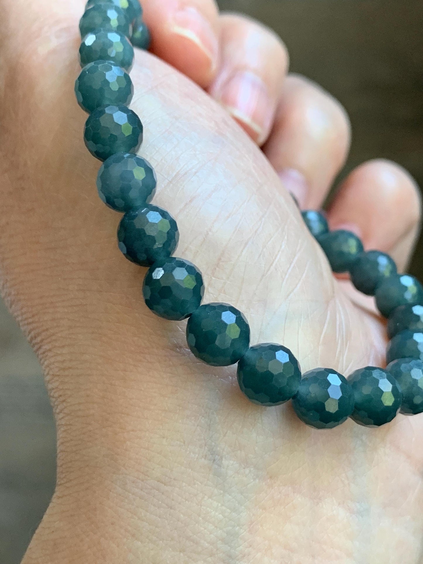 Natural Guatemalan Grade A Icy Translucent Dark Gray Wuji Faceted Jade Jadeite Beaded Bracelet 7.3mm 7.75" 17g 天然冰危乌鸡翡翠切割面圆珠手串 WQG110A