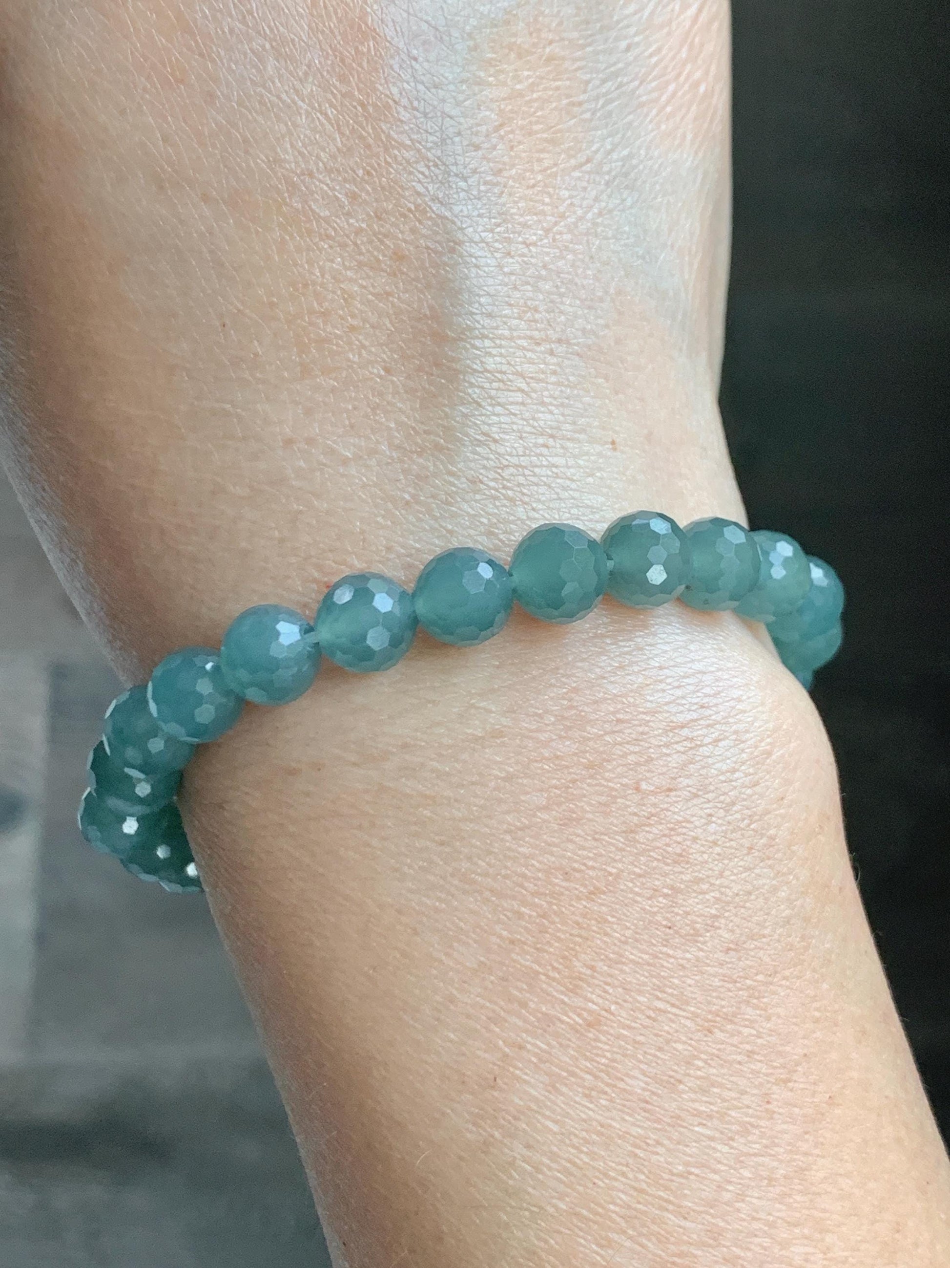 Natural Guatemalan Grade A Icy Translucent Dusty Teal Blue Faceted Jade Jadeite Beaded Bracelet 7.5mm 7.25" 17g 天然冰危蓝绿翡翠切割面圆珠手串 WQG110B