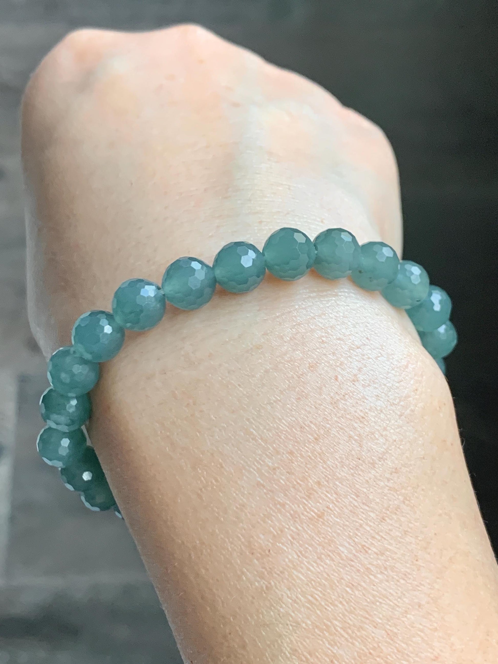 Natural Guatemalan Grade A Icy Translucent Dusty Teal Blue Faceted Jade Jadeite Beaded Bracelet 7.5mm 7.25" 17g 天然冰危蓝绿翡翠切割面圆珠手串 WQG110B