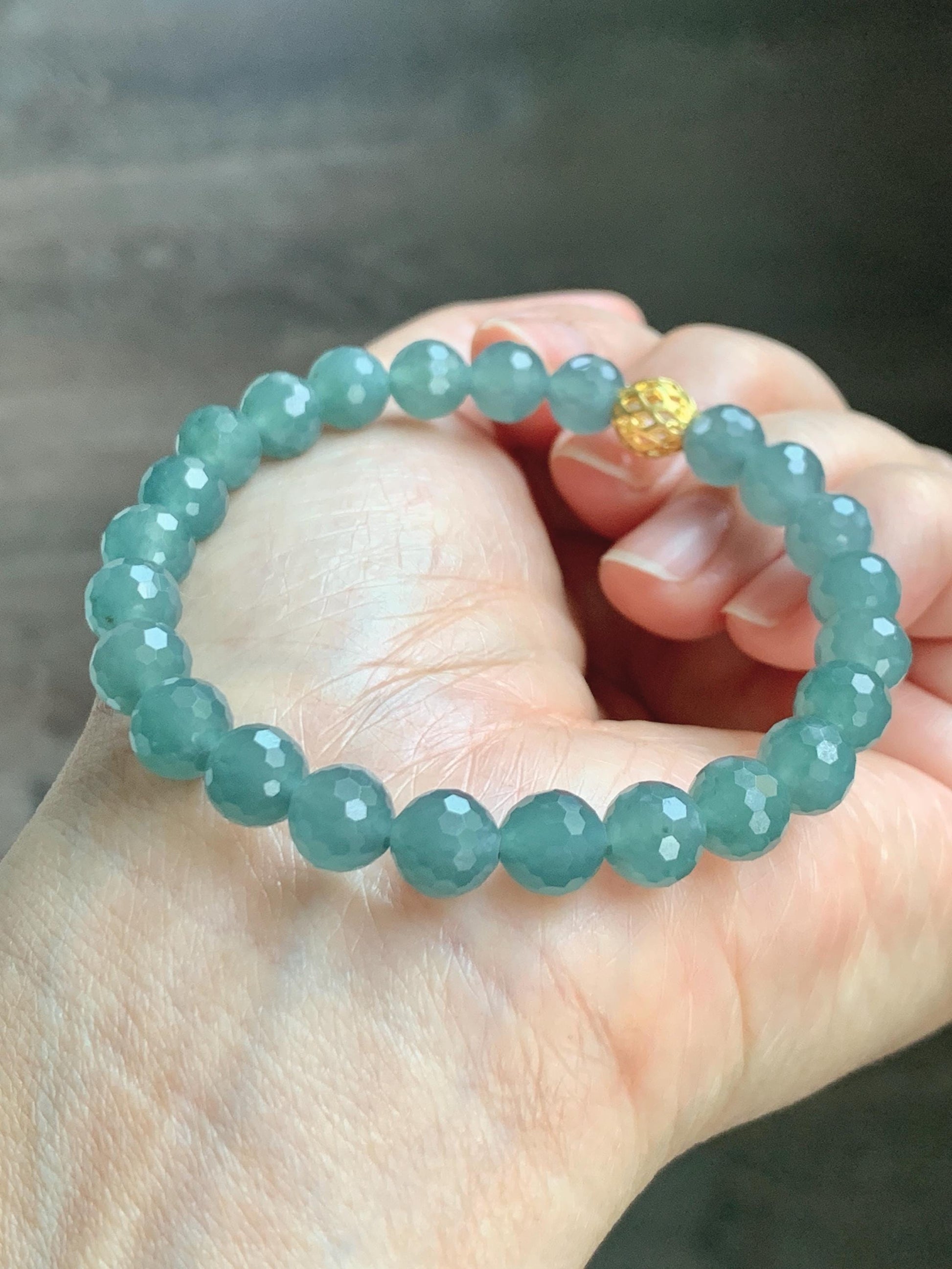 Natural Guatemalan Grade A Icy Translucent Dusty Teal Blue Faceted Jade Jadeite Beaded Bracelet 7.5mm 7.25" 17g 天然冰危蓝绿翡翠切割面圆珠手串 WQG110B