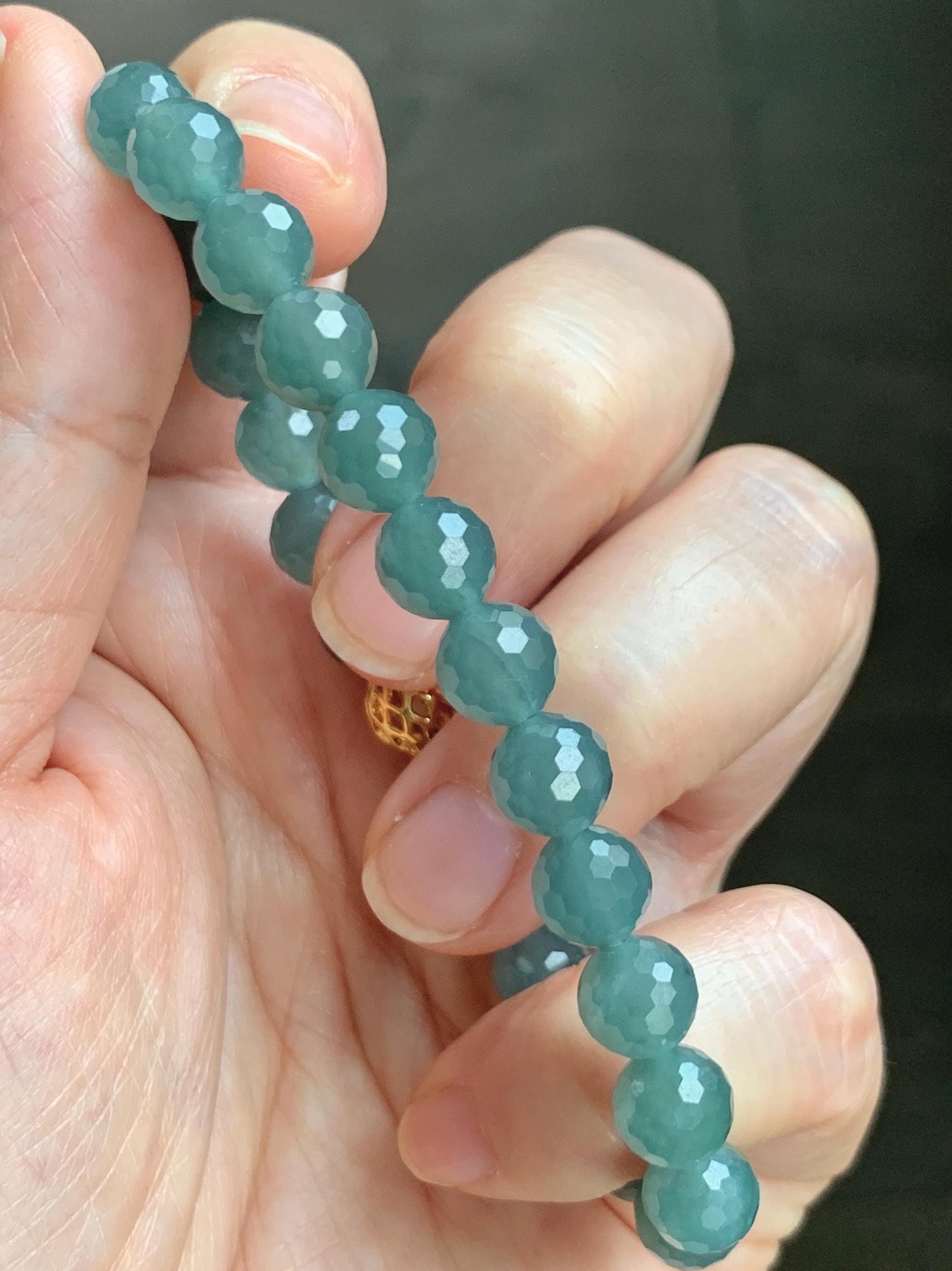 Natural Guatemalan Grade A Icy Translucent Dusty Teal Blue Faceted Jade Jadeite Beaded Bracelet 7.5mm 7.25" 17g 天然冰危蓝绿翡翠切割面圆珠手串 WQG110B