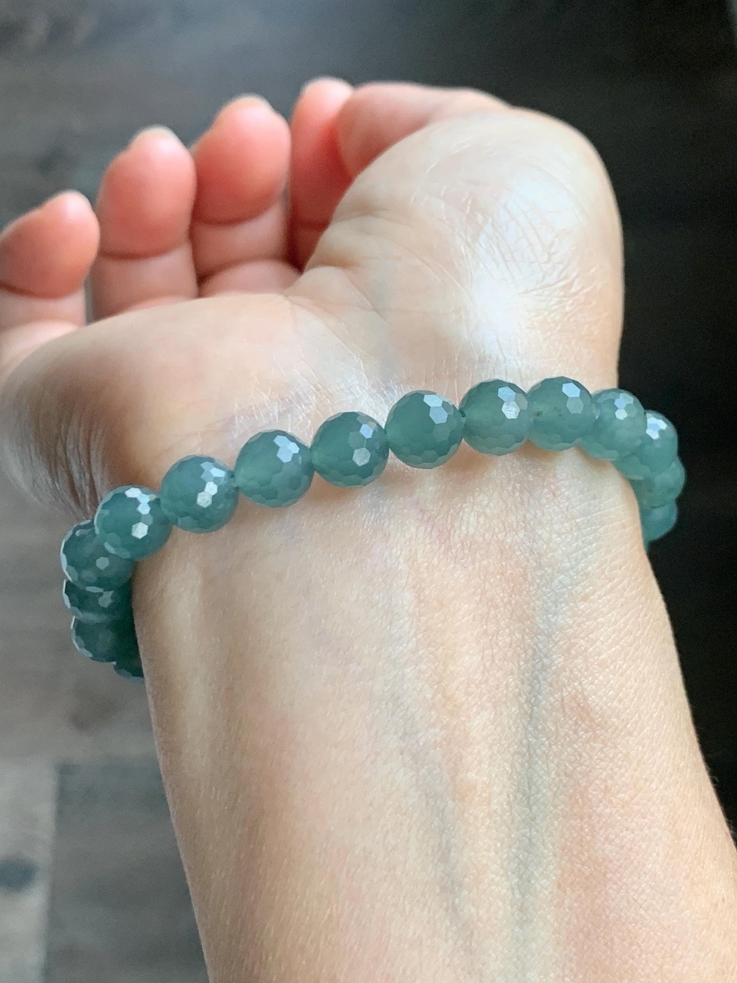 Natural Guatemalan Grade A Icy Translucent Dusty Teal Blue Faceted Jade Jadeite Beaded Bracelet 7.5mm 7.25" 17g 天然冰危蓝绿翡翠切割面圆珠手串 WQG110B