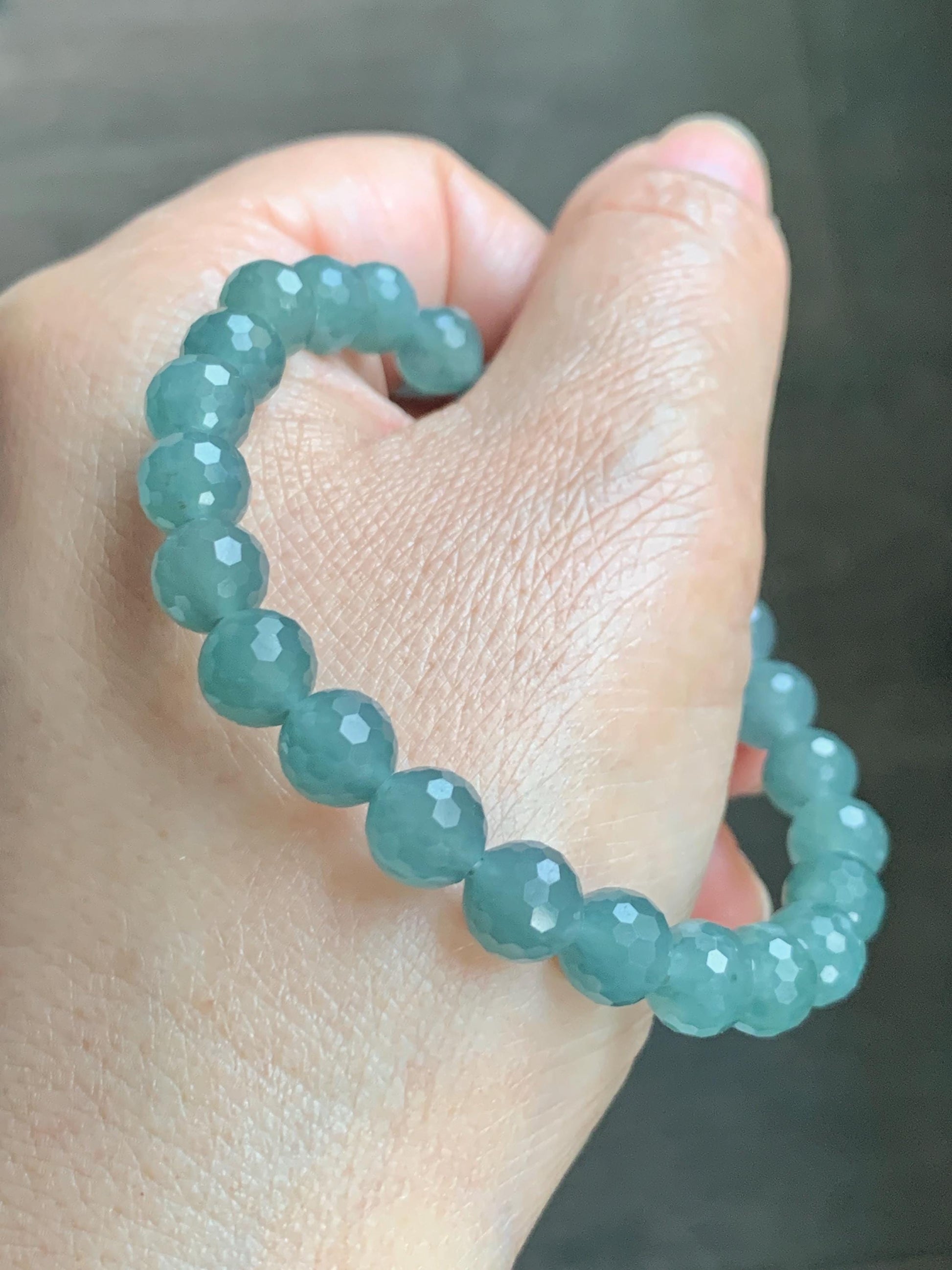 Natural Guatemalan Grade A Icy Translucent Dusty Teal Blue Faceted Jade Jadeite Beaded Bracelet 7.5mm 7.25" 17g 天然冰危蓝绿翡翠切割面圆珠手串 WQG110B