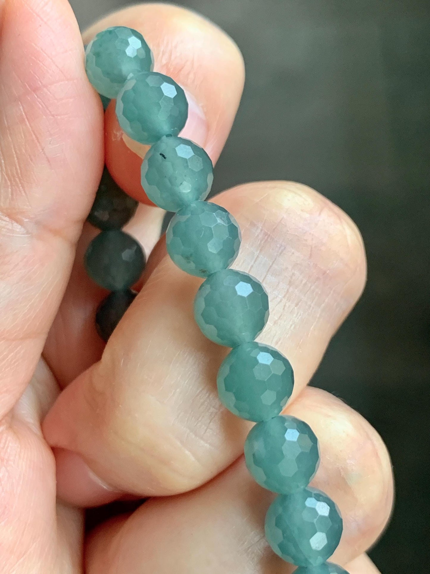 Natural Guatemalan Grade A Icy Translucent Dusty Teal Blue Faceted Jade Jadeite Beaded Bracelet 7.5mm 7.25" 17g 天然冰危蓝绿翡翠切割面圆珠手串 WQG110B