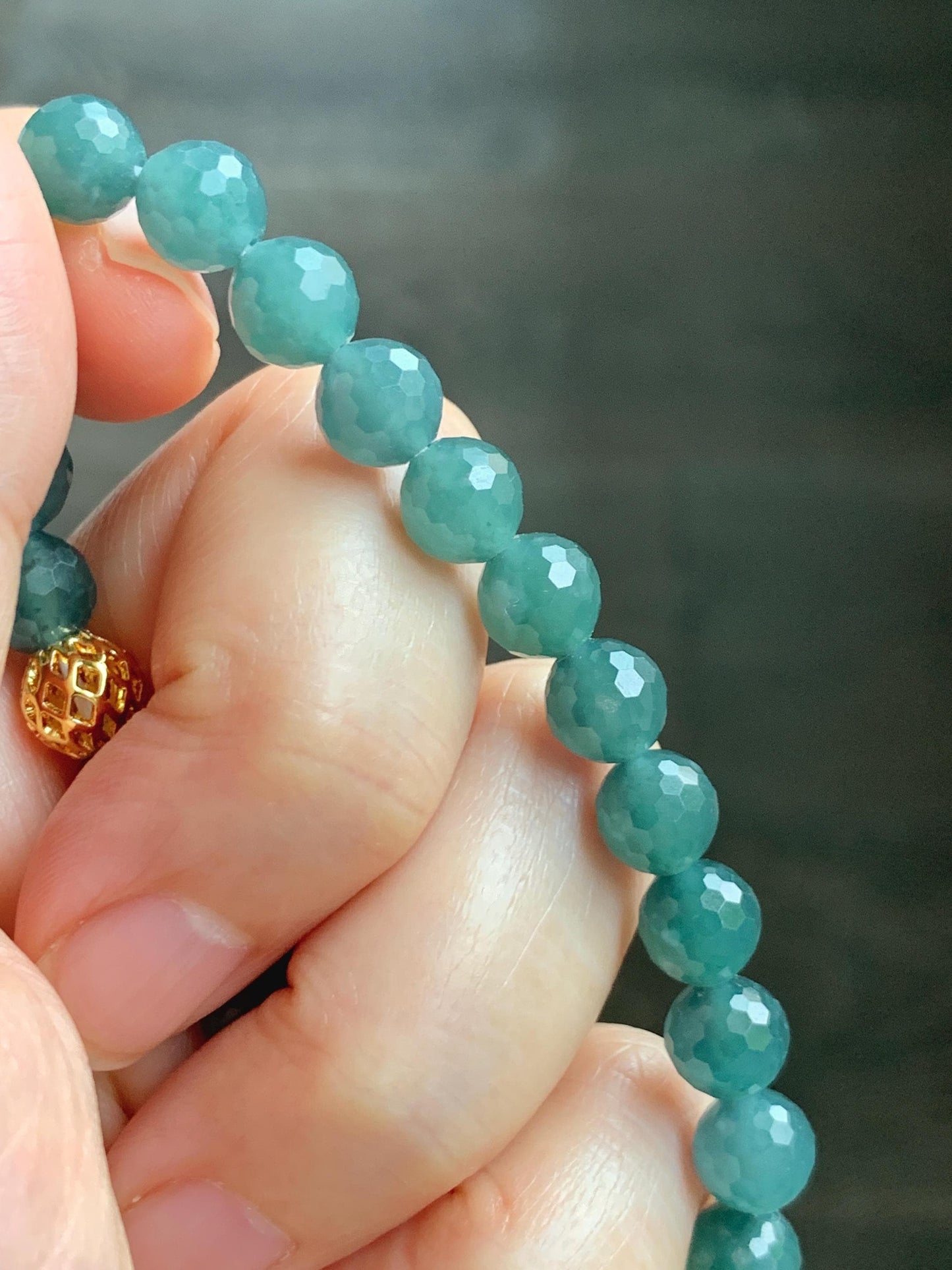 Natural Guatemalan Grade A Icy Translucent Dusty Teal Blue Faceted Jade Jadeite Beaded Bracelet 7.5mm 7.25" 17g 天然冰危蓝绿翡翠切割面圆珠手串 WQG110C