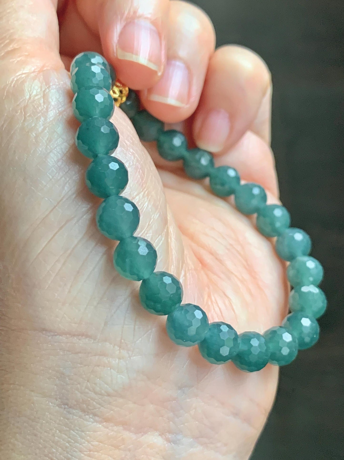 Natural Guatemalan Grade A Icy Translucent Dusty Teal Blue Faceted Jade Jadeite Beaded Bracelet 7.5mm 7.25" 17g 天然冰危蓝绿翡翠切割面圆珠手串 WQG110C
