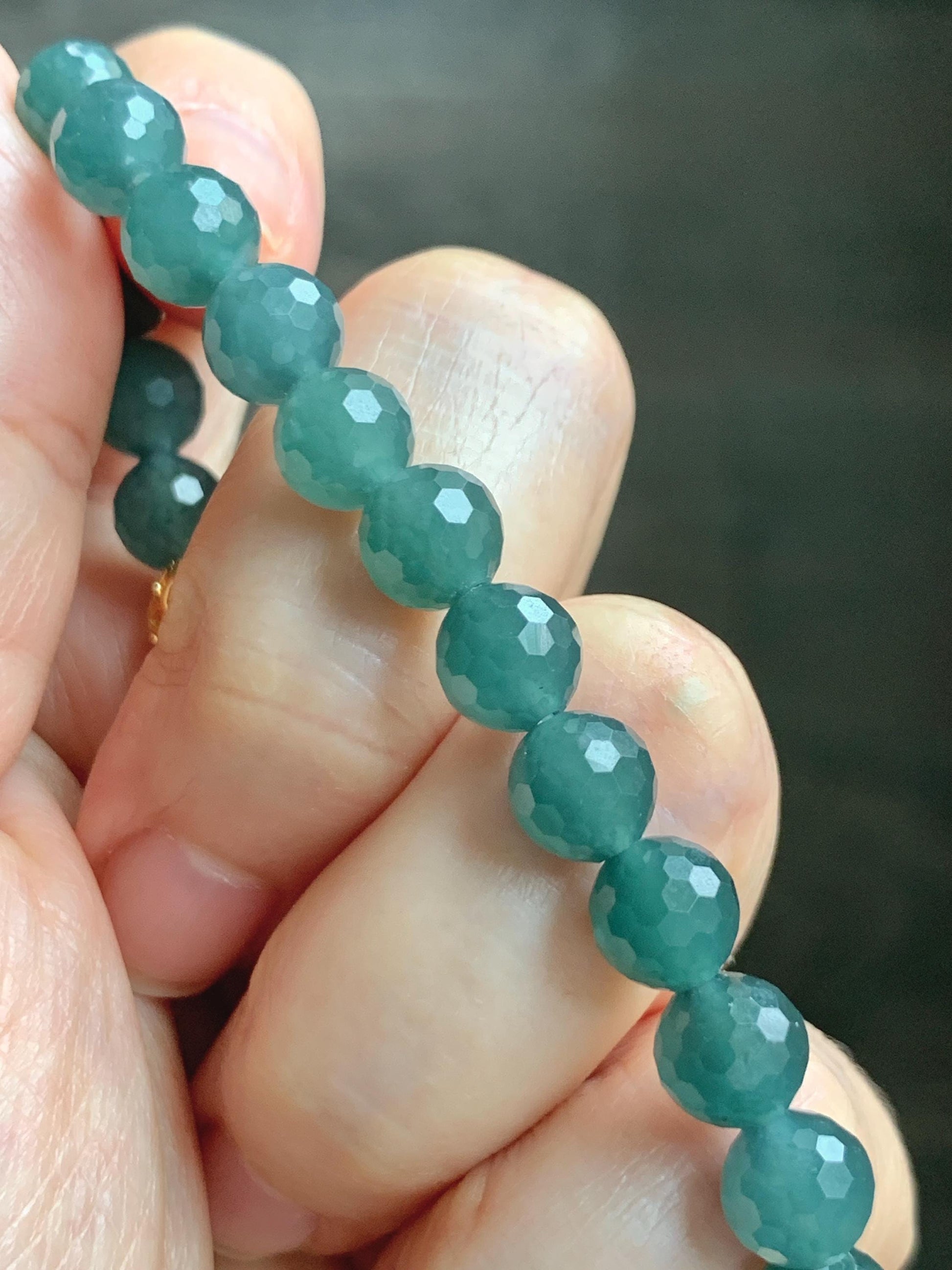 Natural Guatemalan Grade A Icy Translucent Dusty Teal Blue Faceted Jade Jadeite Beaded Bracelet 7.5mm 7.25" 17g 天然冰危蓝绿翡翠切割面圆珠手串 WQG110C