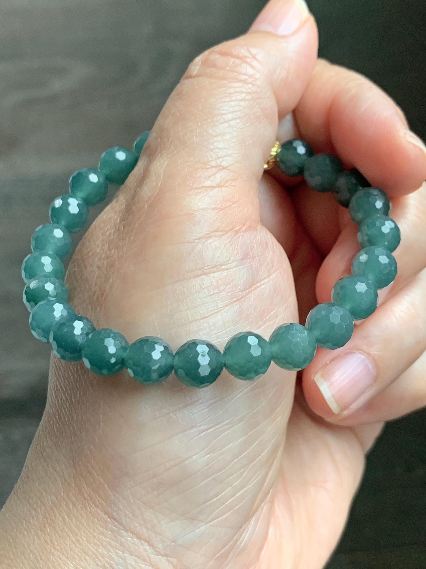 Natural Guatemalan Grade A Icy Translucent Dusty Teal Blue Faceted Jade Jadeite Beaded Bracelet 7.5mm 7.25" 17g 天然冰危蓝绿翡翠切割面圆珠手串 WQG110C
