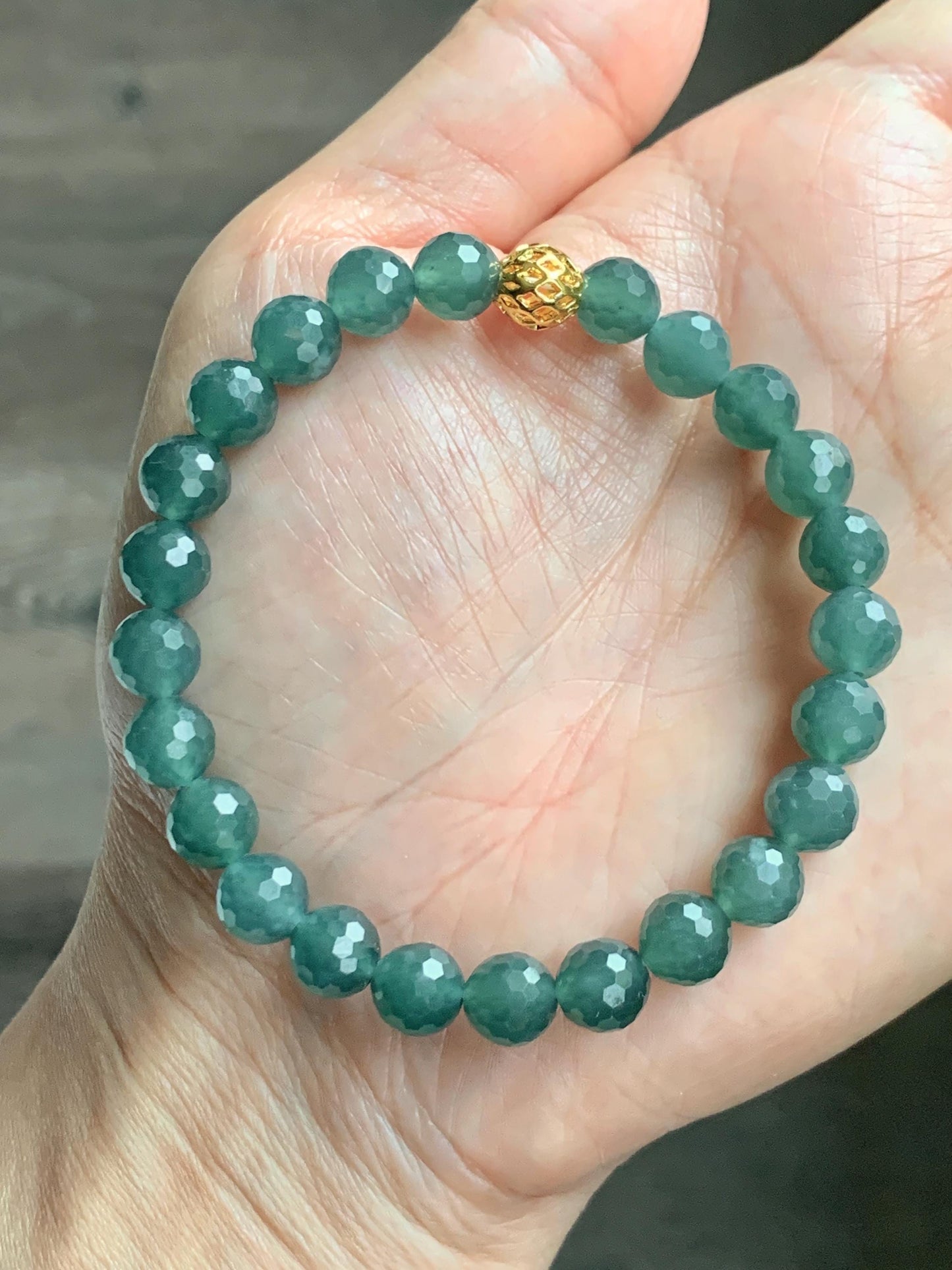 Natural Guatemalan Grade A Icy Translucent Dusty Teal Blue Faceted Jade Jadeite Beaded Bracelet 7.5mm 7.25" 17g 天然冰危蓝绿翡翠切割面圆珠手串 WQG110C