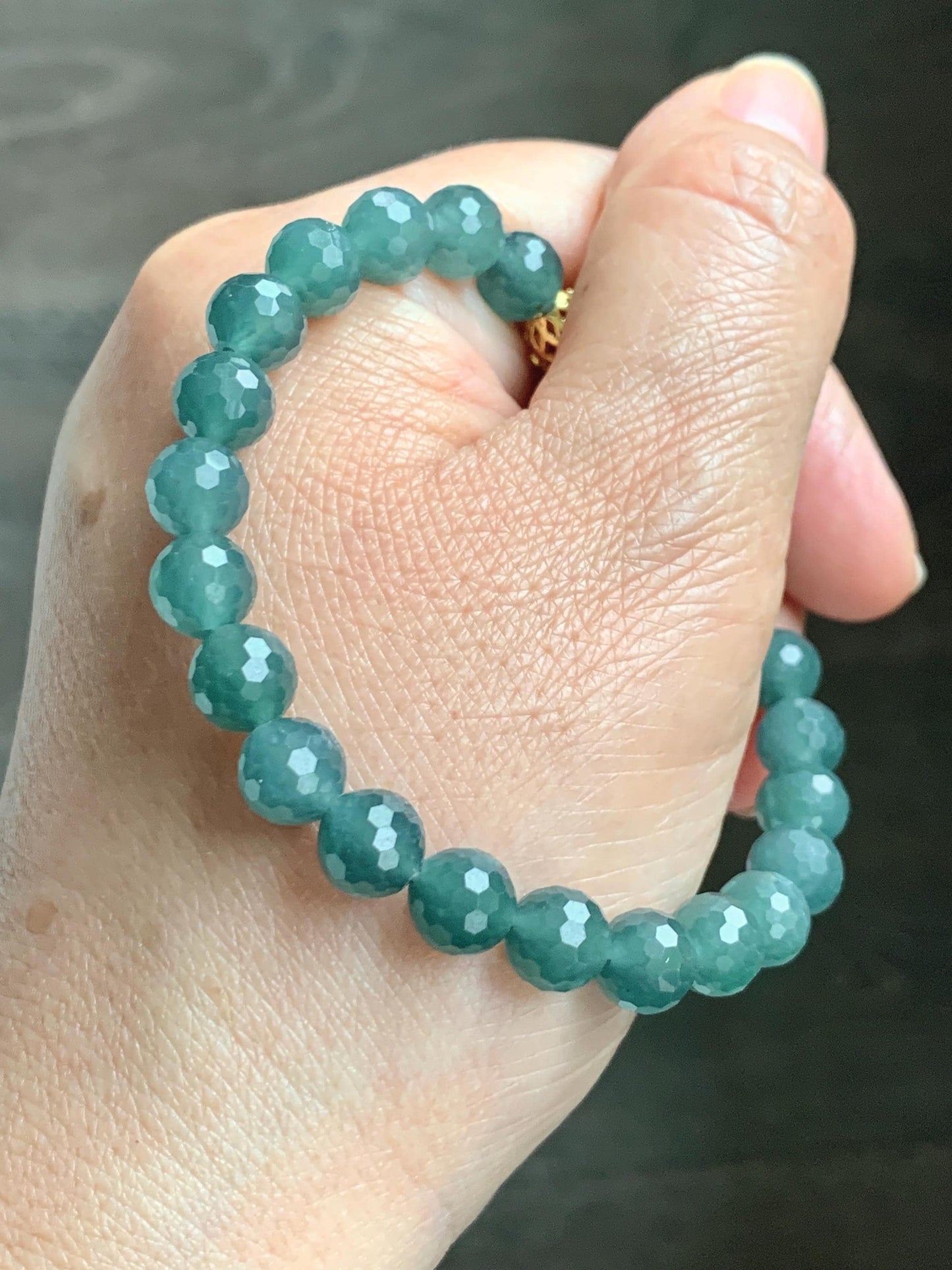 Natural Guatemalan Grade A Icy Translucent Dusty Teal Blue Faceted Jade Jadeite Beaded Bracelet 7.5mm 7.25" 17g 天然冰危蓝绿翡翠切割面圆珠手串 WQG110C