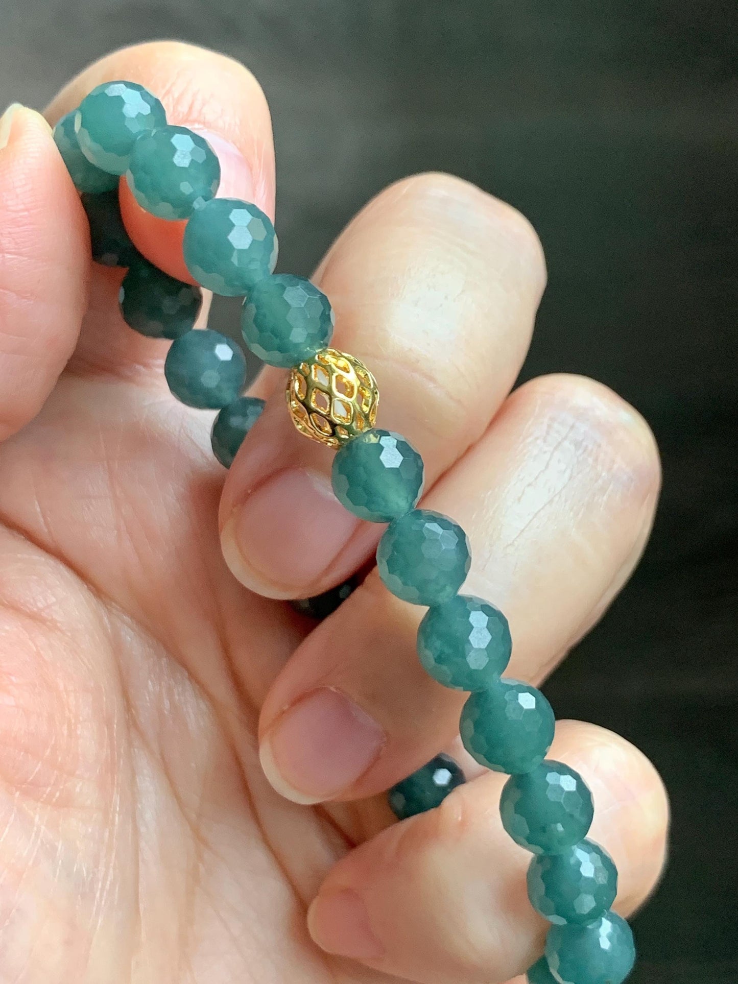 Natural Guatemalan Grade A Icy Translucent Dusty Teal Blue Faceted Jade Jadeite Beaded Bracelet 7.5mm 7.25" 17g 天然冰危蓝绿翡翠切割面圆珠手串 WQG110C