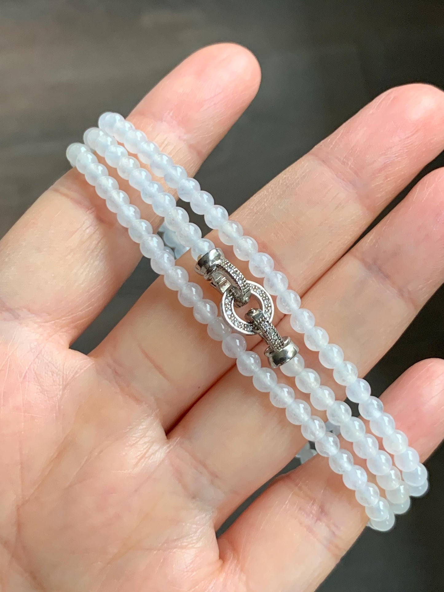 Certified Grade A Natural Icy Highly Translucent Pure White Jade Jadeite Beaded Necklace with Charm 3.7mm 21.75” 14.5g 天然冰起光翡翠圆珠项链 466