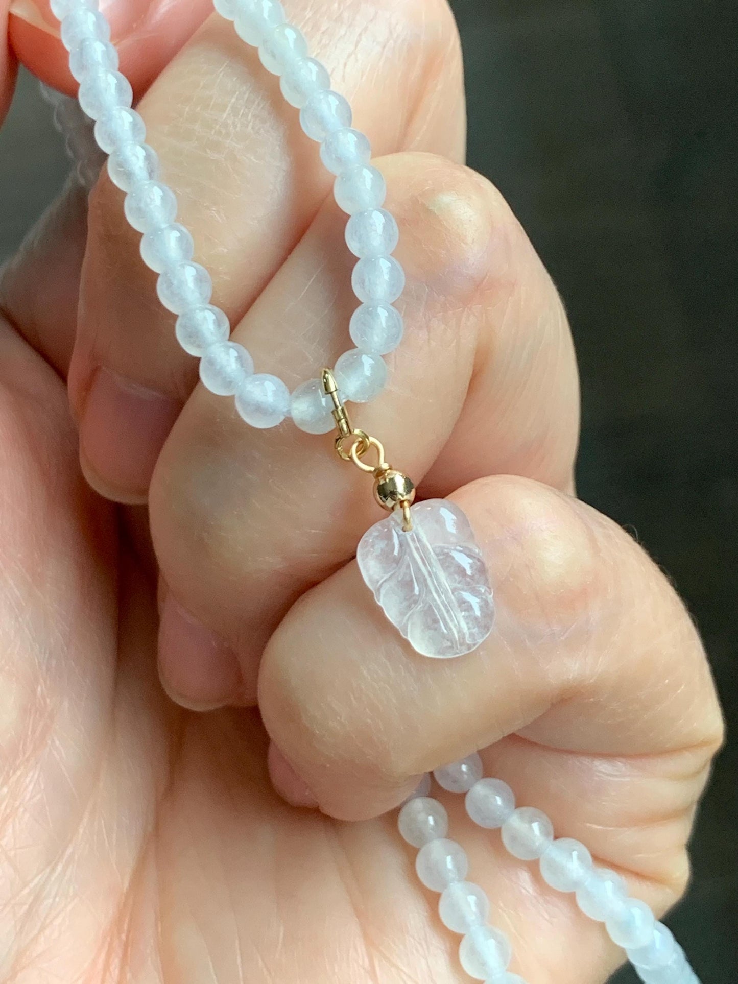 Certified Grade A Natural Icy Highly Translucent Pure White Jade Jadeite Beaded Necklace with Charm 3.7mm 21.75” 14.5g 天然冰起光翡翠圆珠项链 466