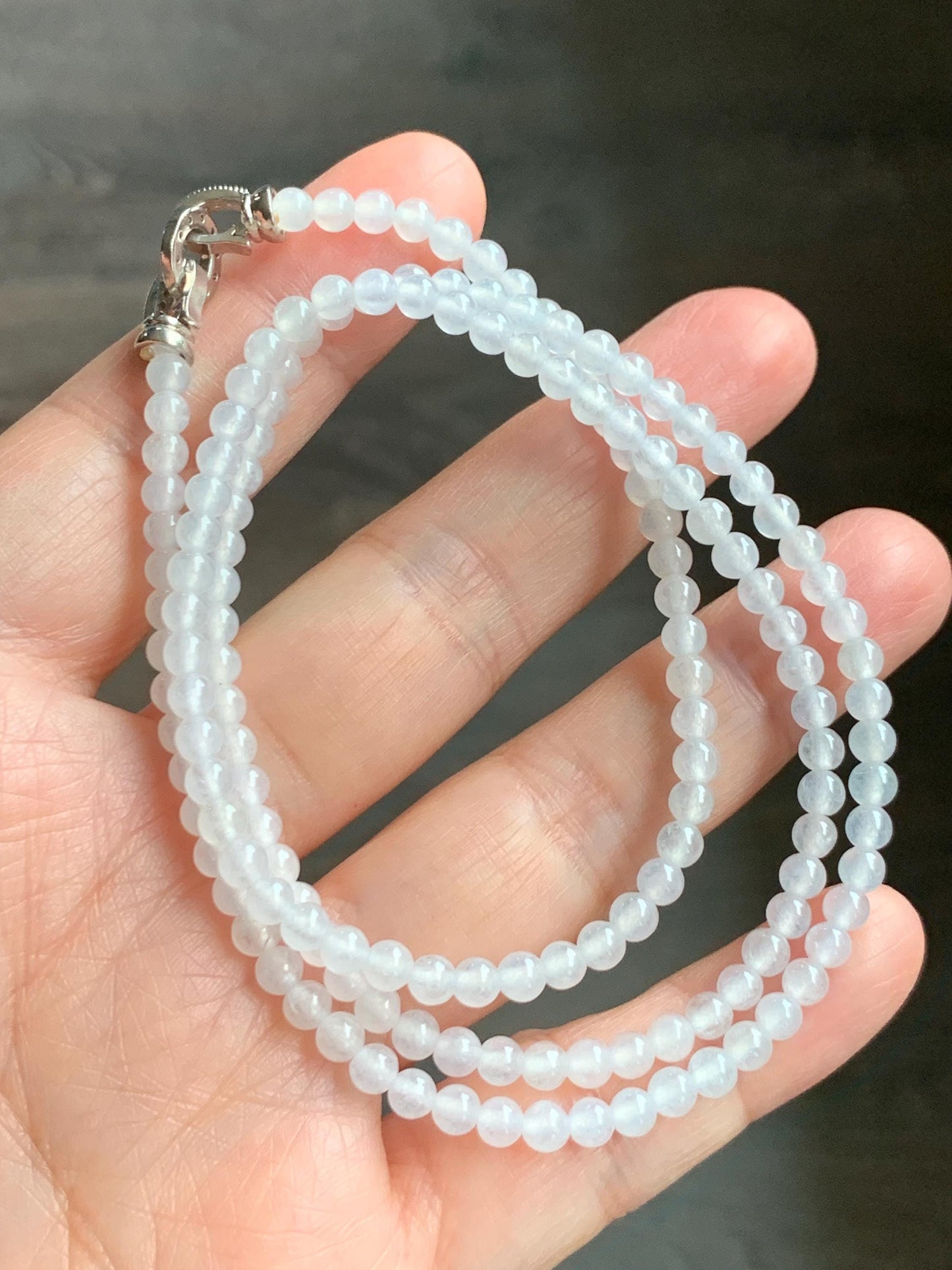 Certified Grade A Natural Icy Highly Translucent Pure White Jade Jadeite Beaded Necklace with Charm 3.7mm 21.75” 14.5g 天然冰起光翡翠圆珠项链 466