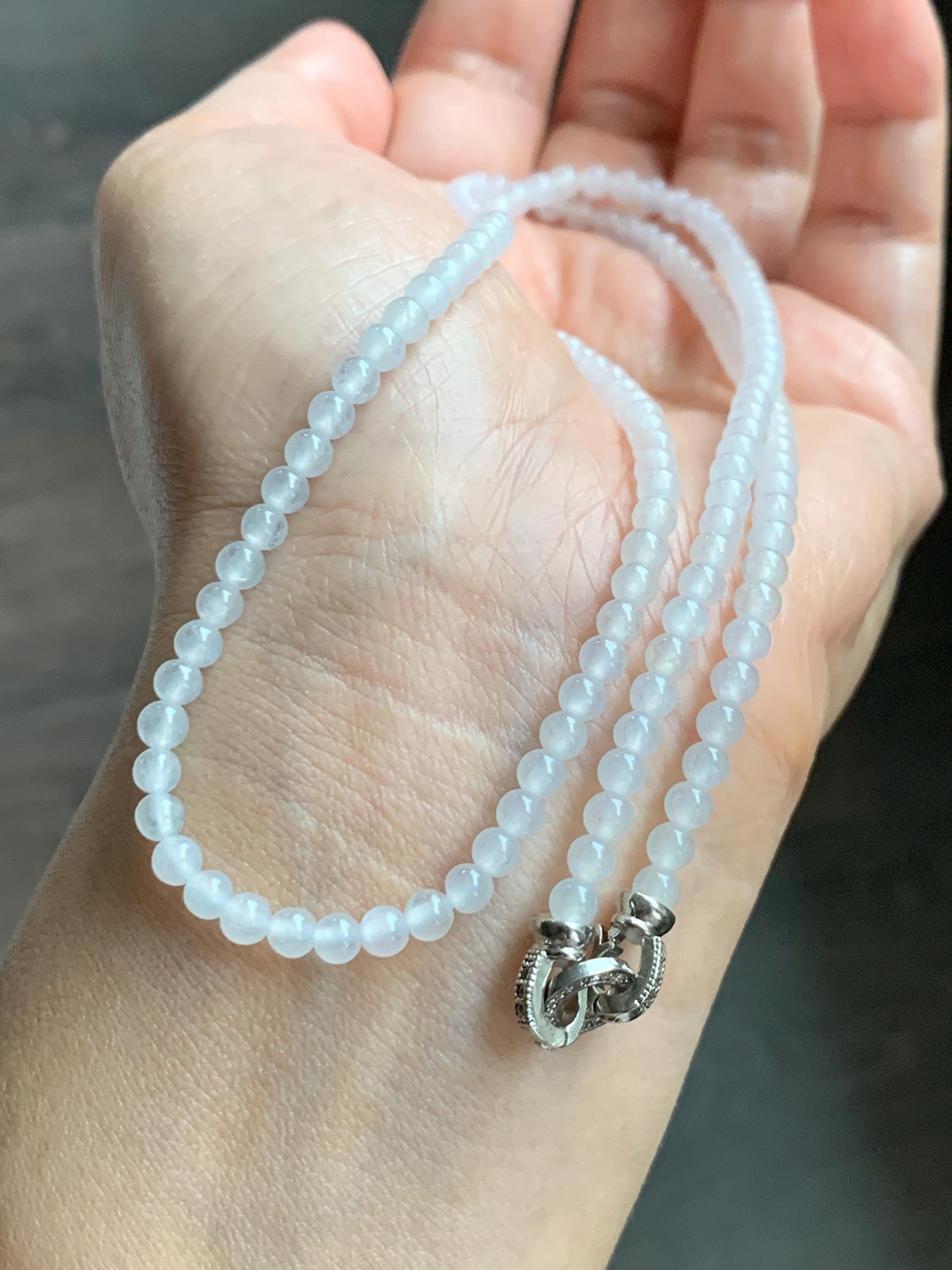 Certified Grade A Natural Icy Highly Translucent Pure White Jade Jadeite Beaded Necklace with Charm 3.7mm 21.75” 14.5g 天然冰起光翡翠圆珠项链 466