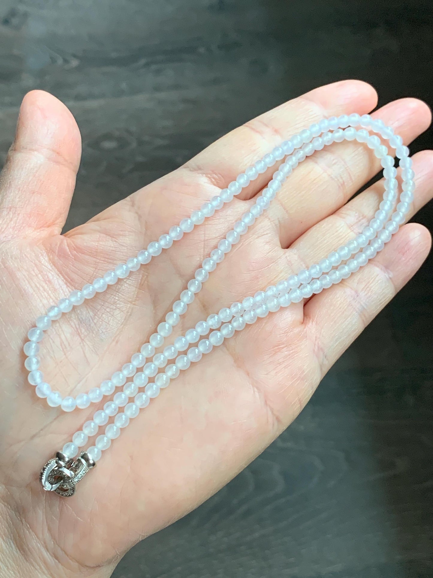 Certified Grade A Natural Icy Highly Translucent Pure White Jade Jadeite Beaded Necklace with Charm 3.7mm 21.75” 14.5g 天然冰起光翡翠圆珠项链 466