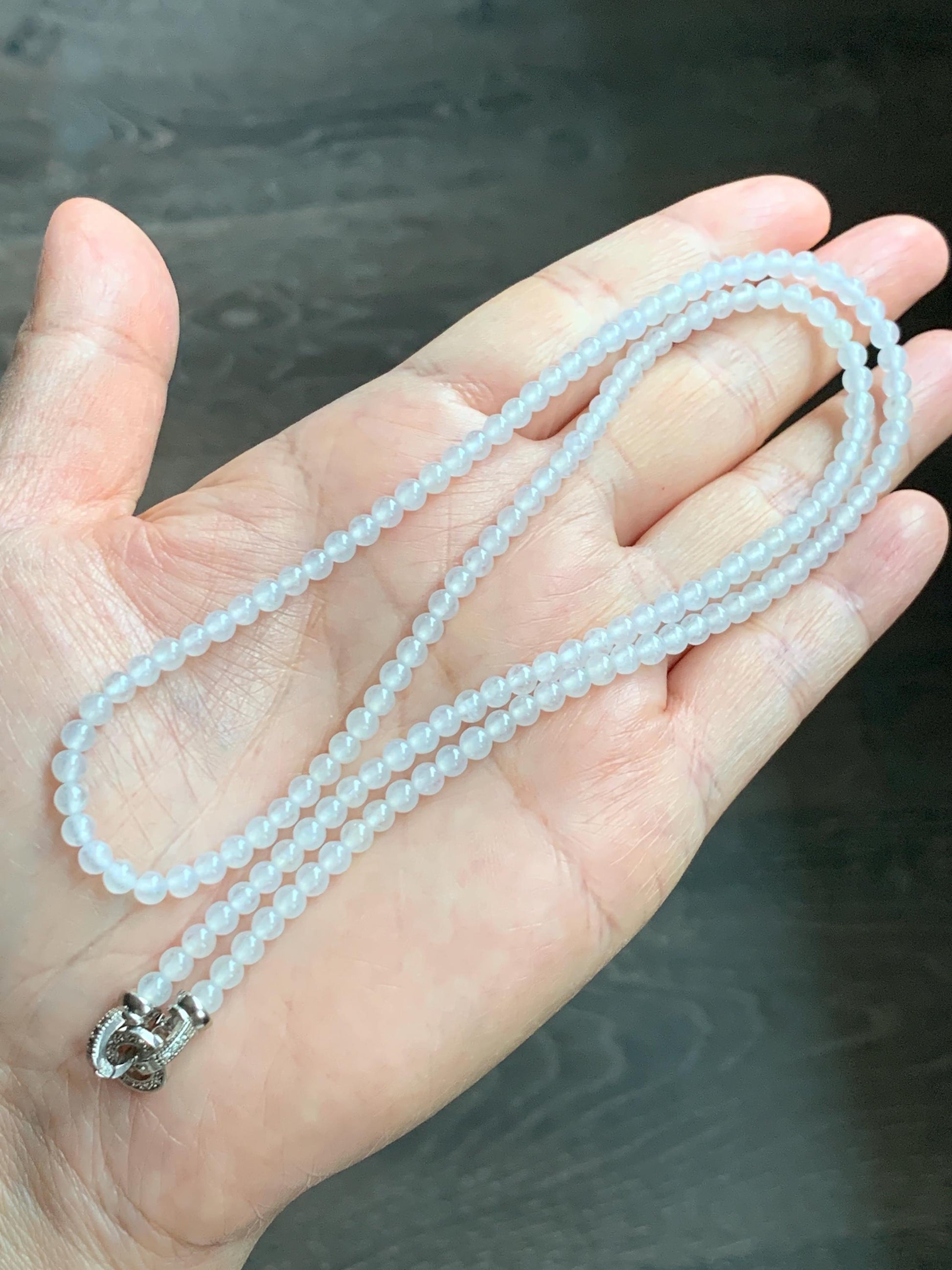 Certified Grade A Natural Icy Highly Translucent Pure White Jade Jadeite Beaded Necklace with Charm 3.7mm 21.75” 14.5g 天然冰起光翡翠圆珠项链 466