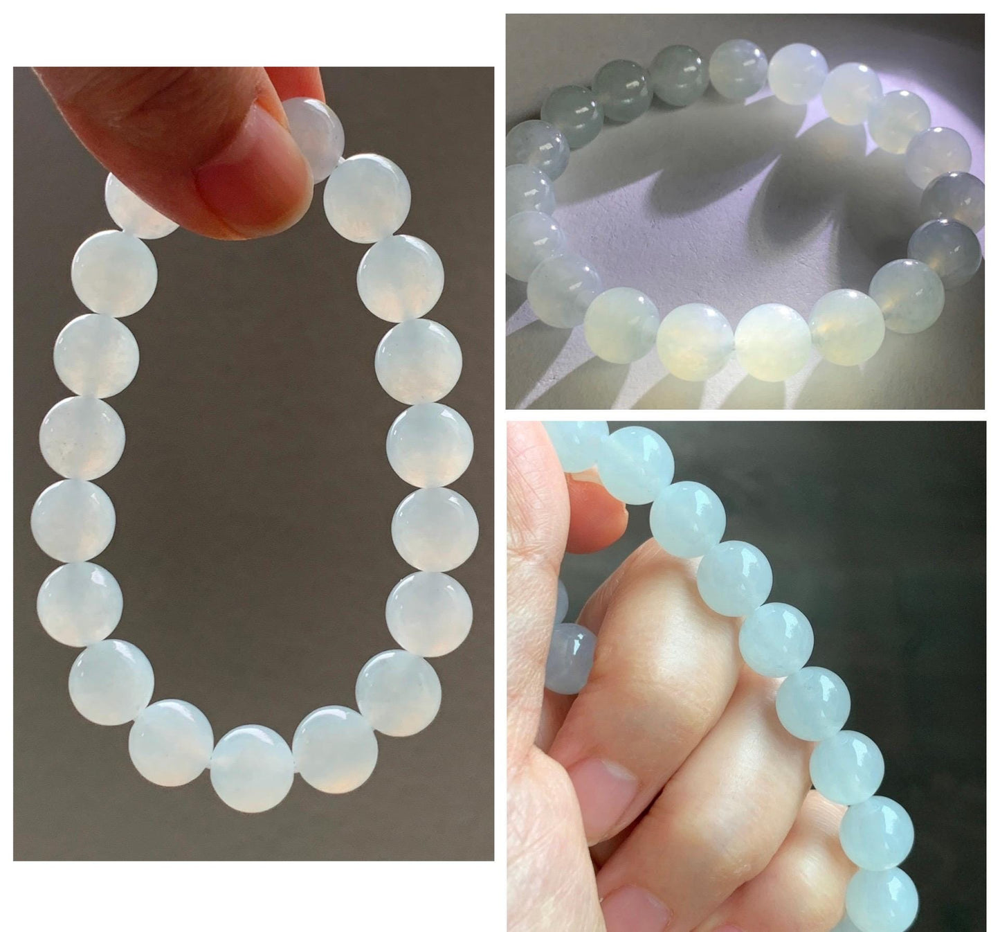 Certified Natural Grade A Icy Highly Translucent Gelatinous White Jade Jadeite Large Beads Beaded Bracelet 10mm 7” 33.5g 天然白冰胶翡翠大卡手串 467
