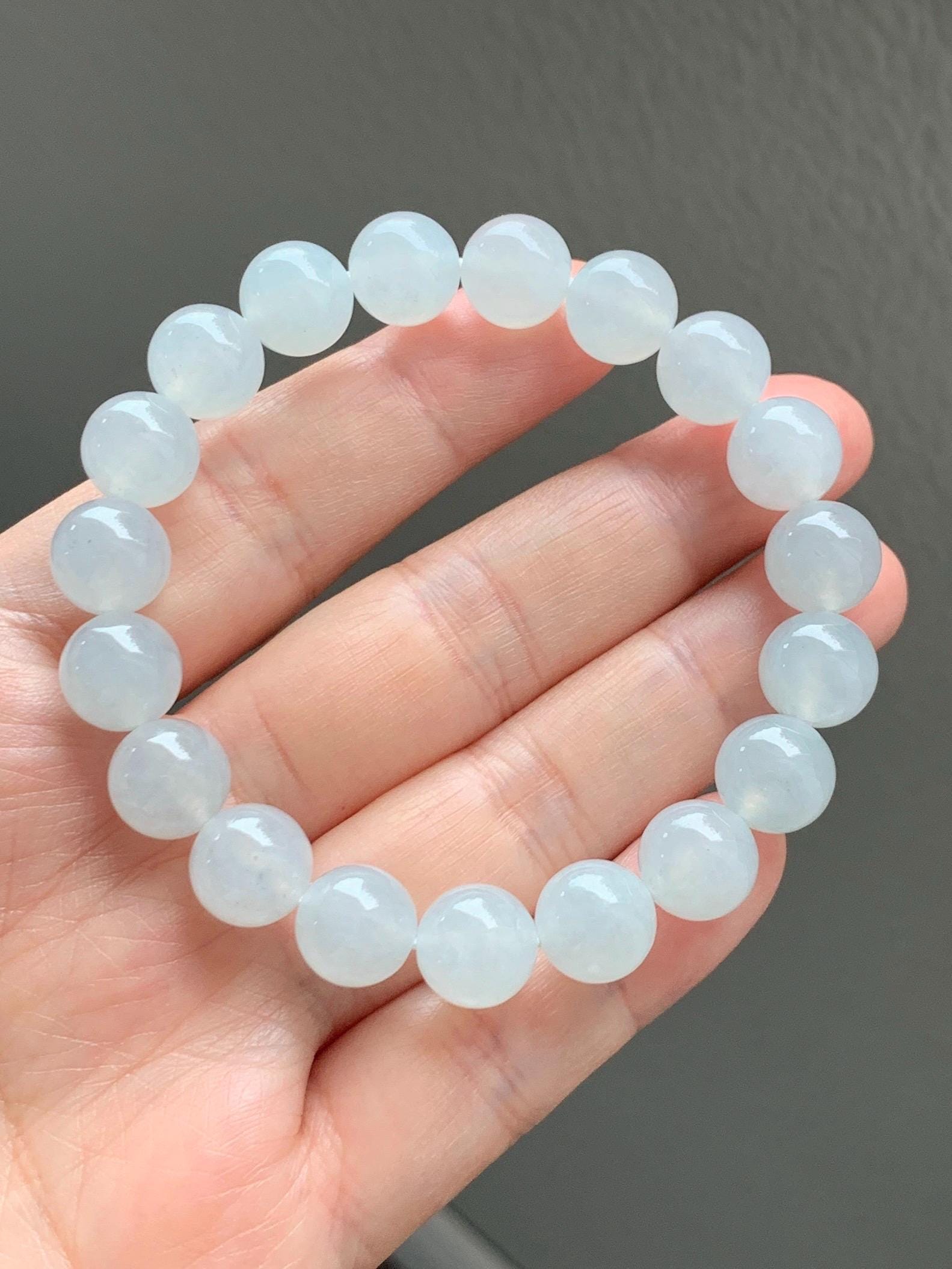 Certified Natural Grade A Icy Highly Translucent Gelatinous White Jade Jadeite Large Beads Beaded Bracelet 10mm 7” 33.5g 天然白冰胶翡翠大卡手串 467